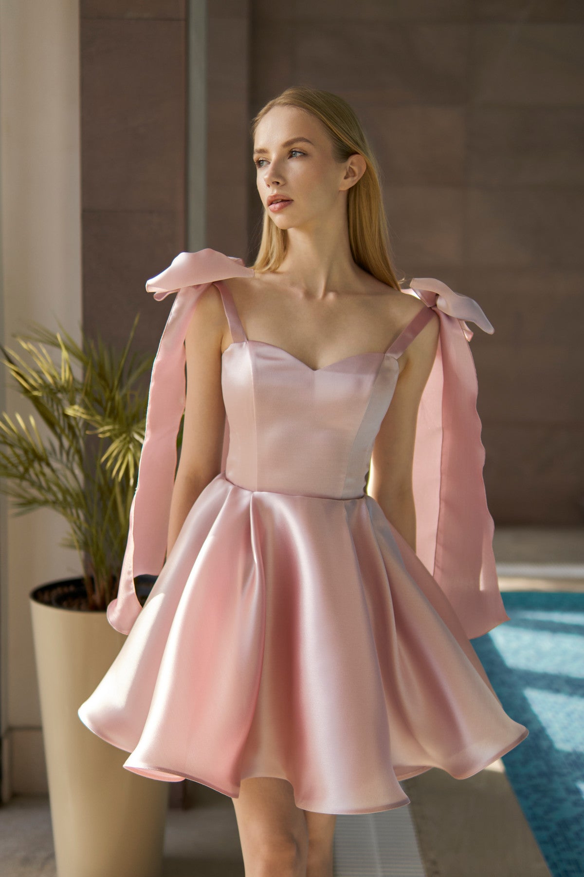 Pink Tie-straps Mini Organza Party Dress Raida 16 US (48 EU) / Blush