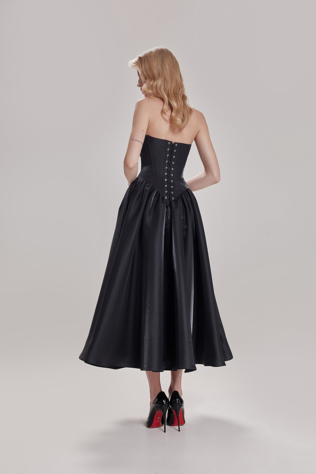 Midi Mikado Corset Formal Dress Faith | Evening Strapless Drop Waist Dress with Lace-Up Back