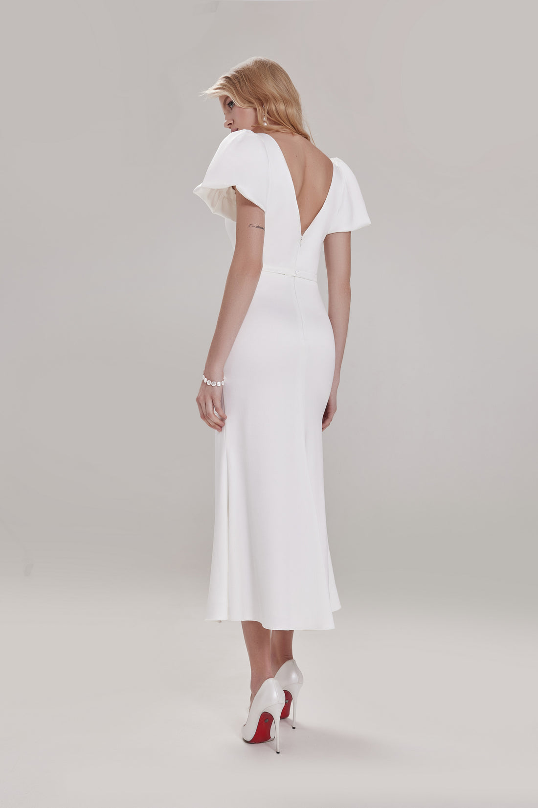 Tea Length Satin Wedding Dress Audrey-1 with Puff Sleeves & V-Back | Simple Civil Bridal Dress