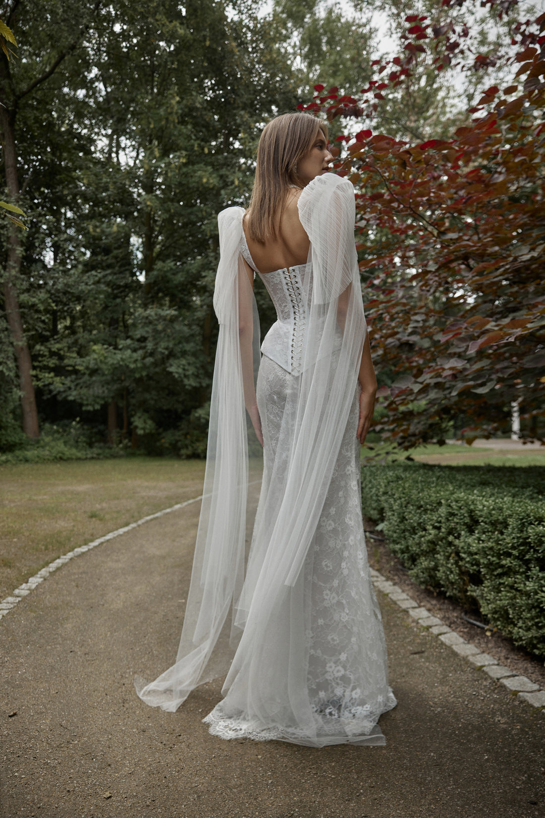 Two Piece Lace Wedding Dress Noire | Designer Corset Reception Dress with Lace-Up Back | Modern Drop Waist Bridal Gown