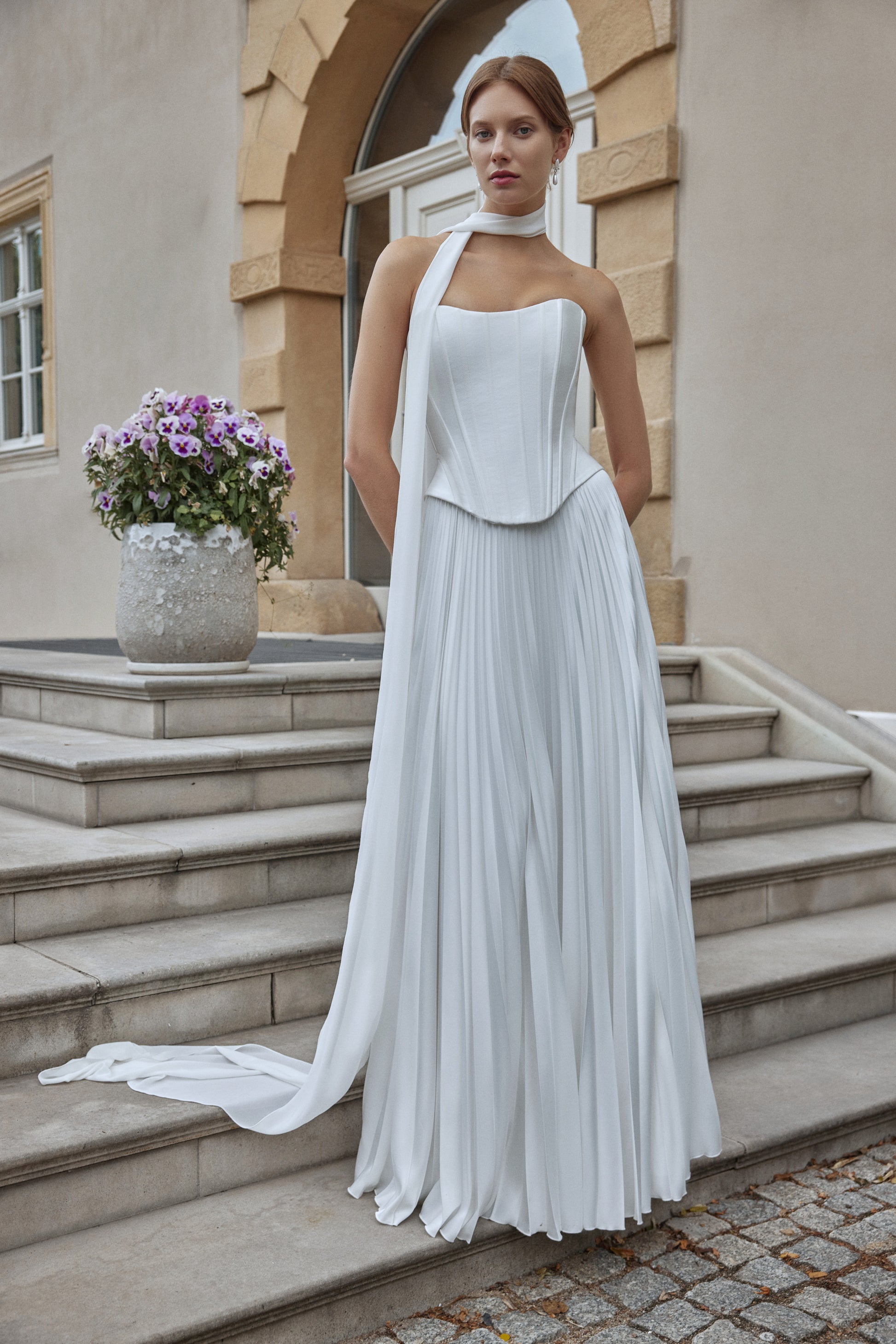box pleat skirt wedding dress 3987: Matte Satin Ball Gown with Box Pleat Skirt and Sabrina Neckline