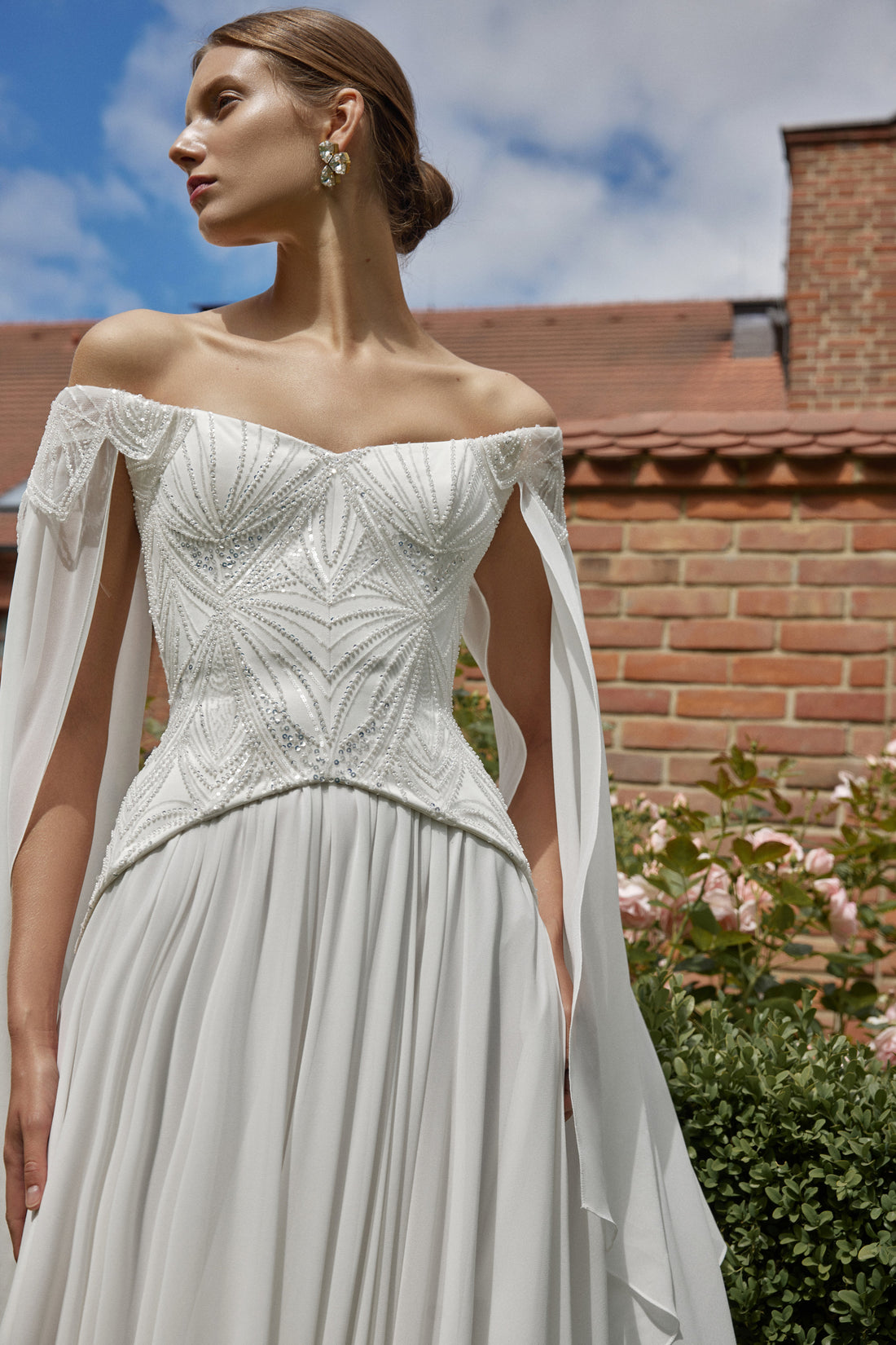 Two Piece Lace Wedding Dress Leona with Lace-Up Back | Chiffon Skirt with Off-Shoulder Corset | Designer Reception Dress