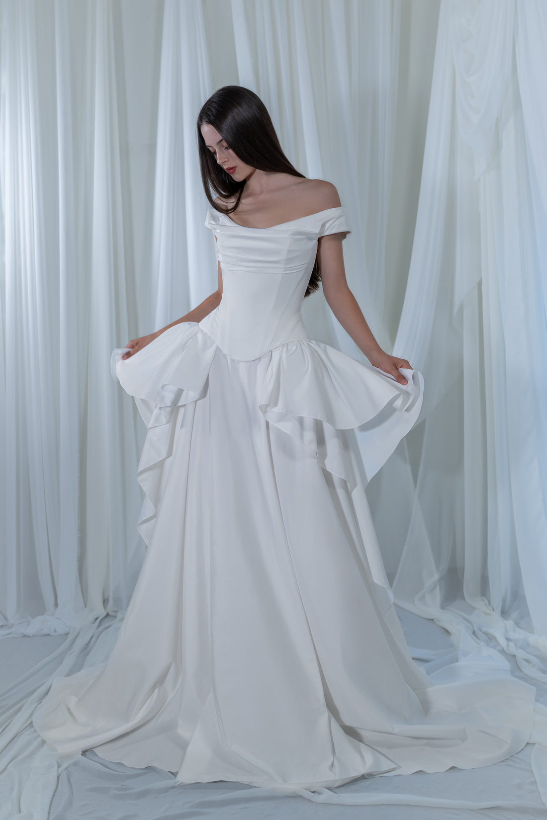 Off-white Ruffled Taffeta Off Shoulder Corset Wedding Dress Paradise