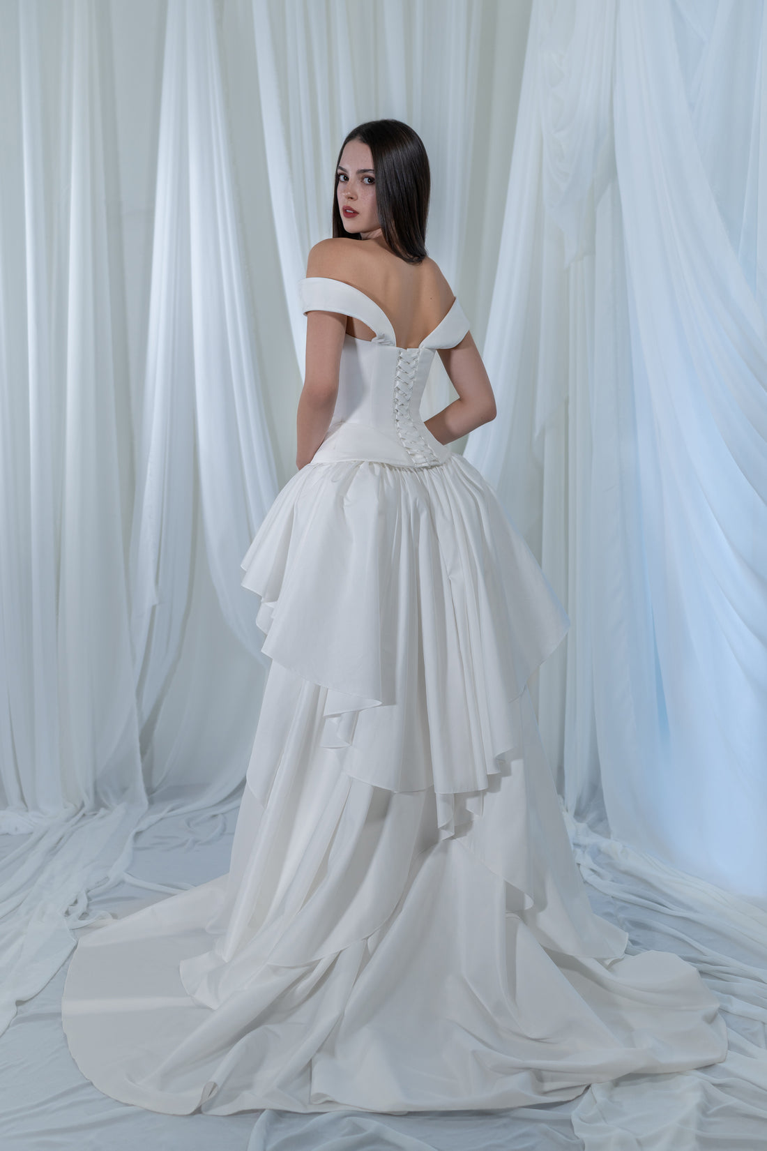 White Ruffled Taffeta Off Shoulder Two Piece Corset Wedding Dress Paradise