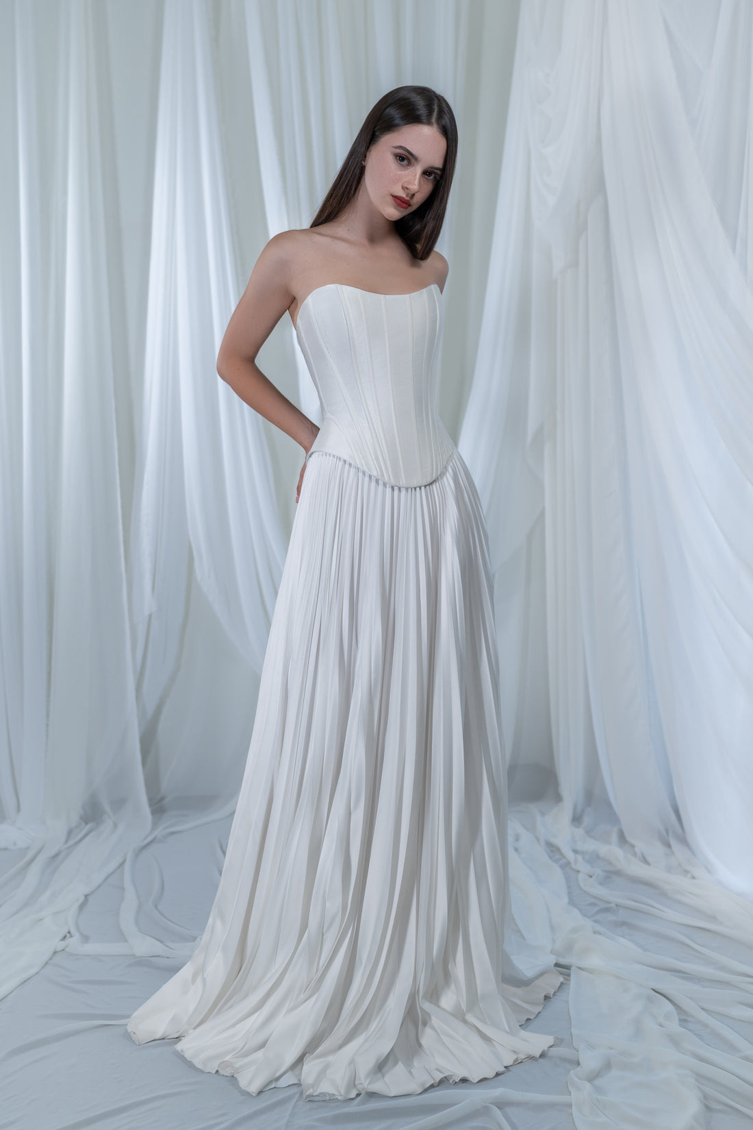 Pleated Skirt & Mikado Strapless Corset | Modern Minimalist Wedding Dress - Bridal Set Ellora