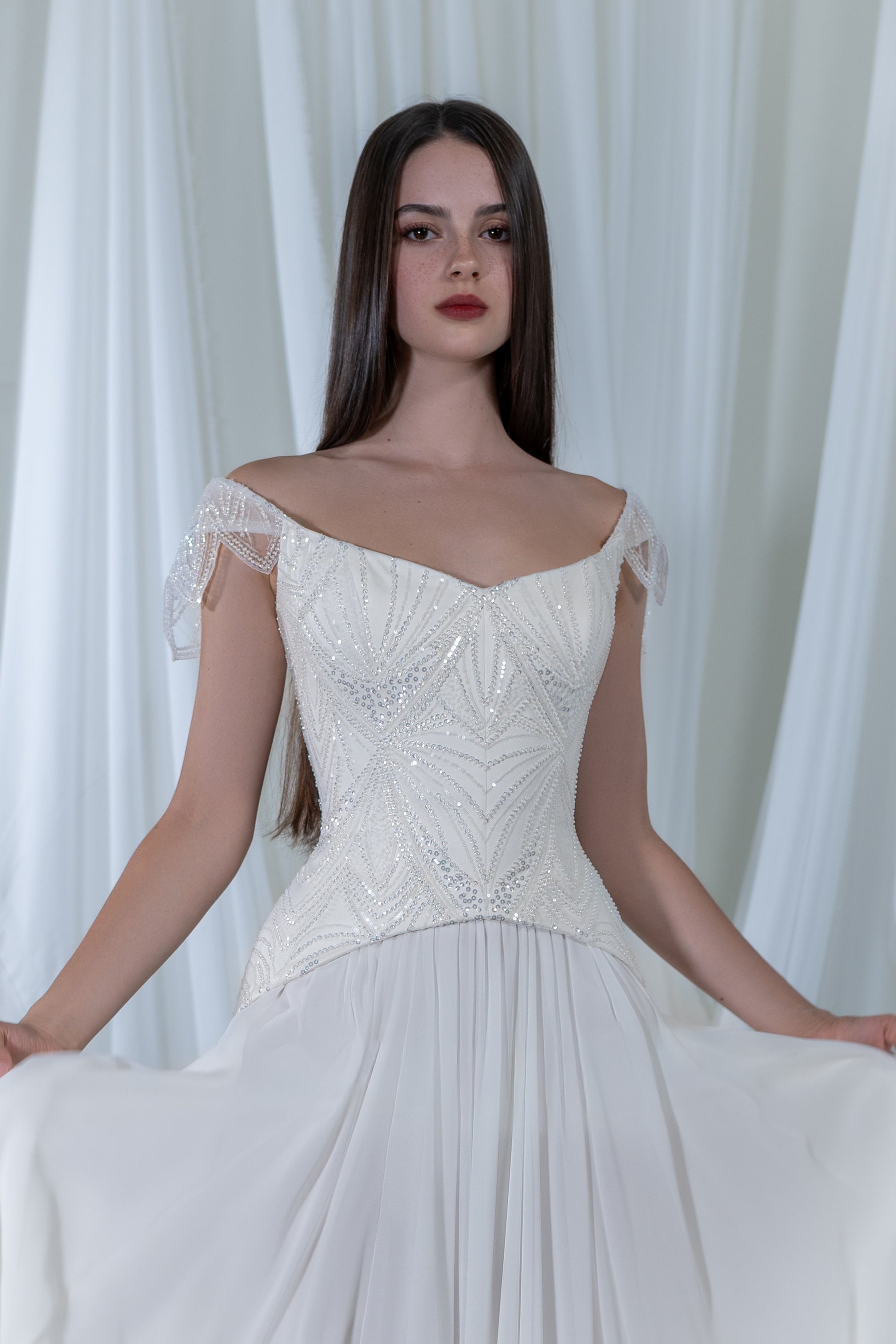 Beaded Bridal Drop Waist Corset Divine With Removable Cap Sleeves 8 US (40 EU) / Ivory