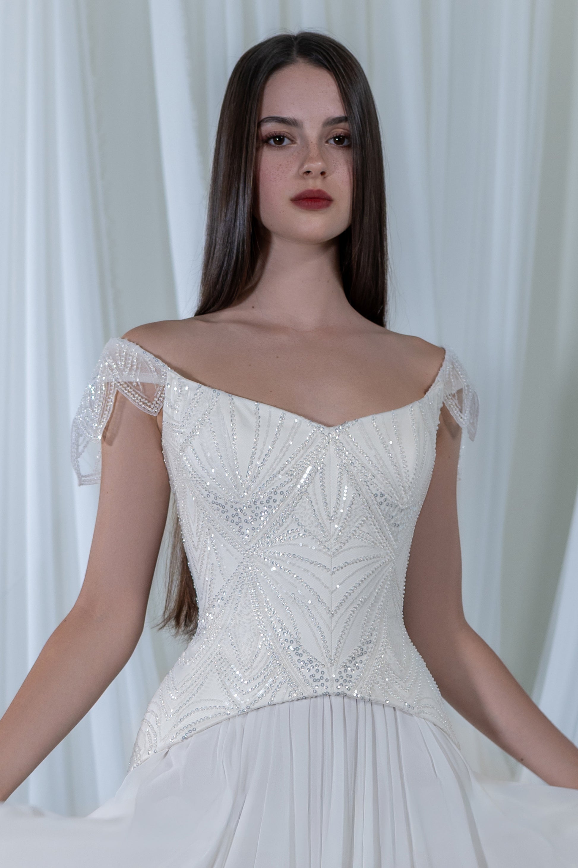 Beaded Bridal Drop Waist Corset Divine with Removable Cap Sleeves 6 US (38 EU) / Ivory Beaded Bridal Drop Waist Corset Divine with Removable Cap Sleeves 6 US (38 EU) / Ivory