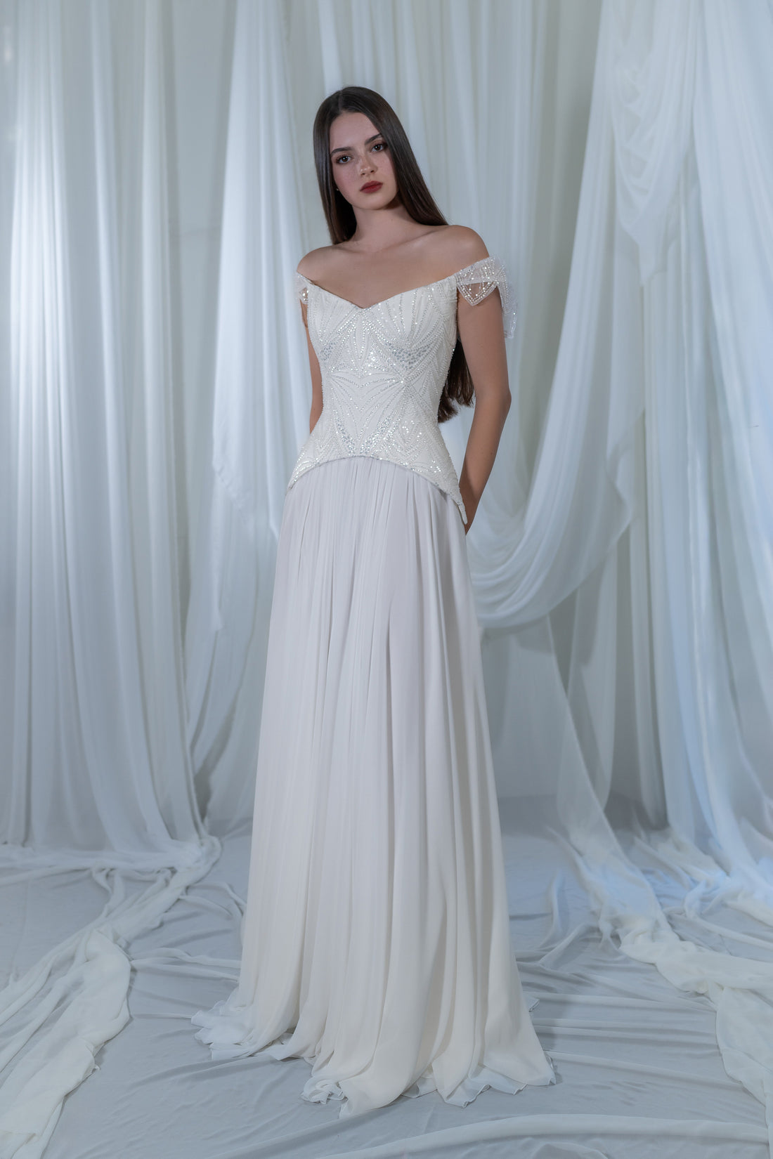 Romantic Two-Piece Beaded Lace Corset Wedding Dress Divine with Chiffon Skirt