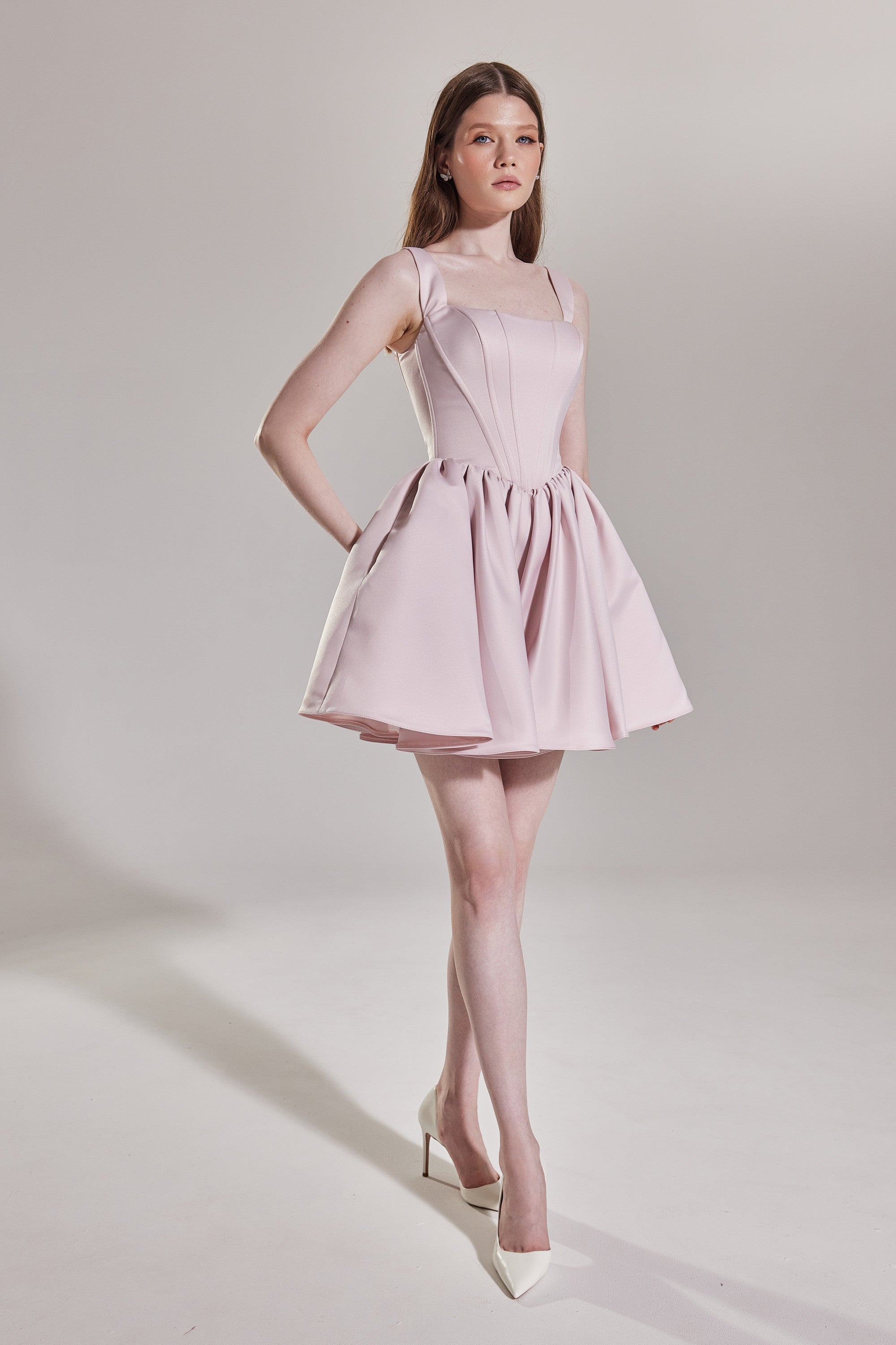 Short Satin Tutu Evening Dress With Basque Waist And Square Neck Casia