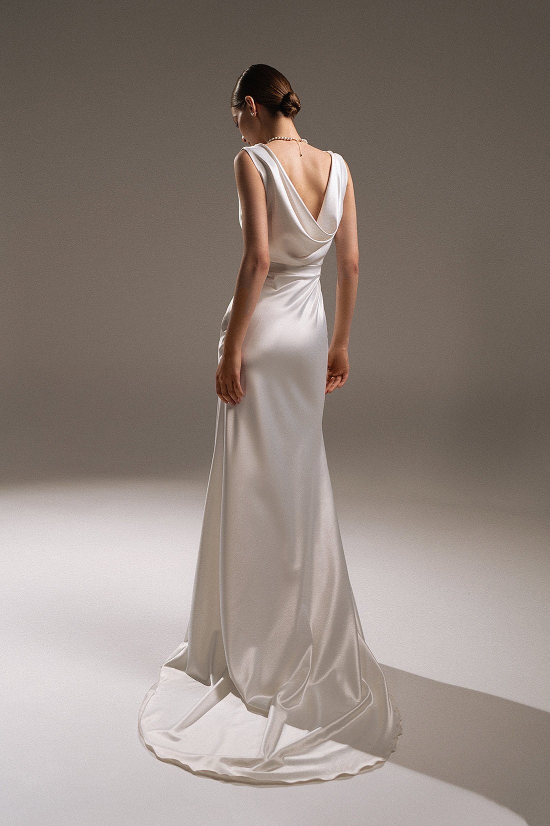 Satin Cowl Neck Wedding Dress Jillian With Chapel Train