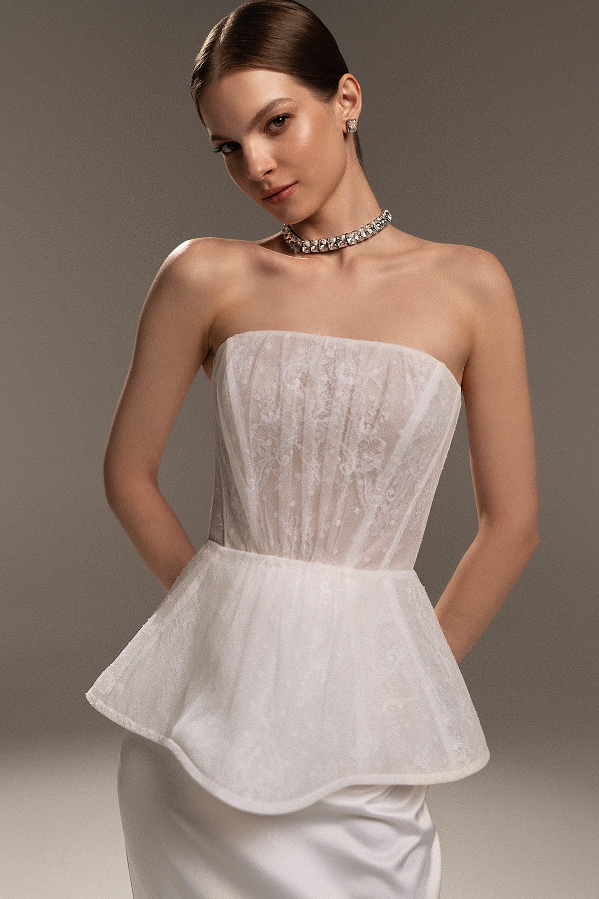 Two Piece Lace Strapless Corset and Satin Long Skirt Alicia 18 US (50 EU) / Off-White Two Piece Lace Strapless Corset and Satin Long Skirt Alicia 18 US (50 EU) / Off-White