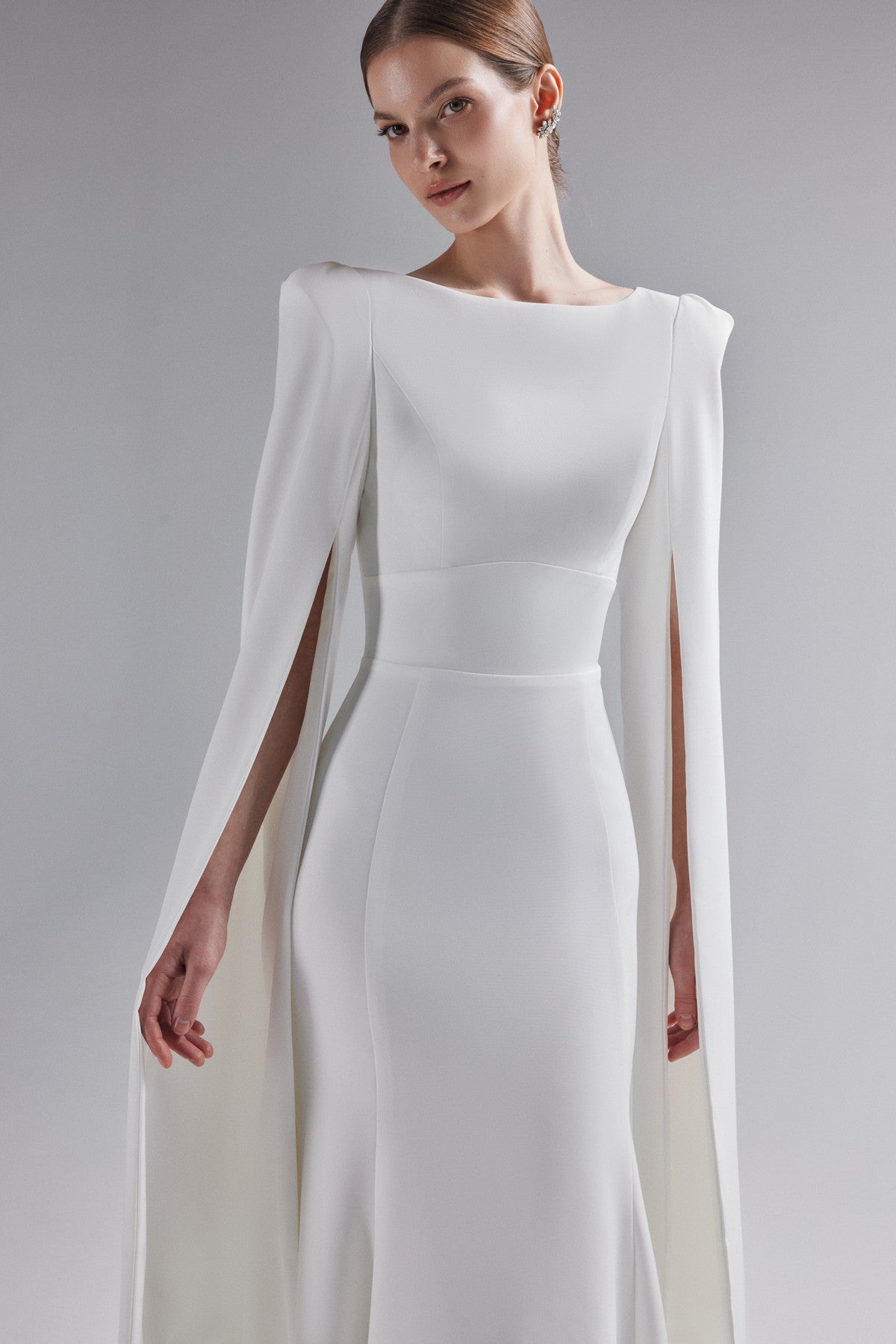 Crepe fit & flare wedding dress with long cape sleeve Ashlee-1 Ready to Ship / Ivory / 4 US (36 EU) Crepe fit & flare wedding dress with long cape sleeve Ashlee-1 Ready to Ship / Ivory / 4 US (36 EU)