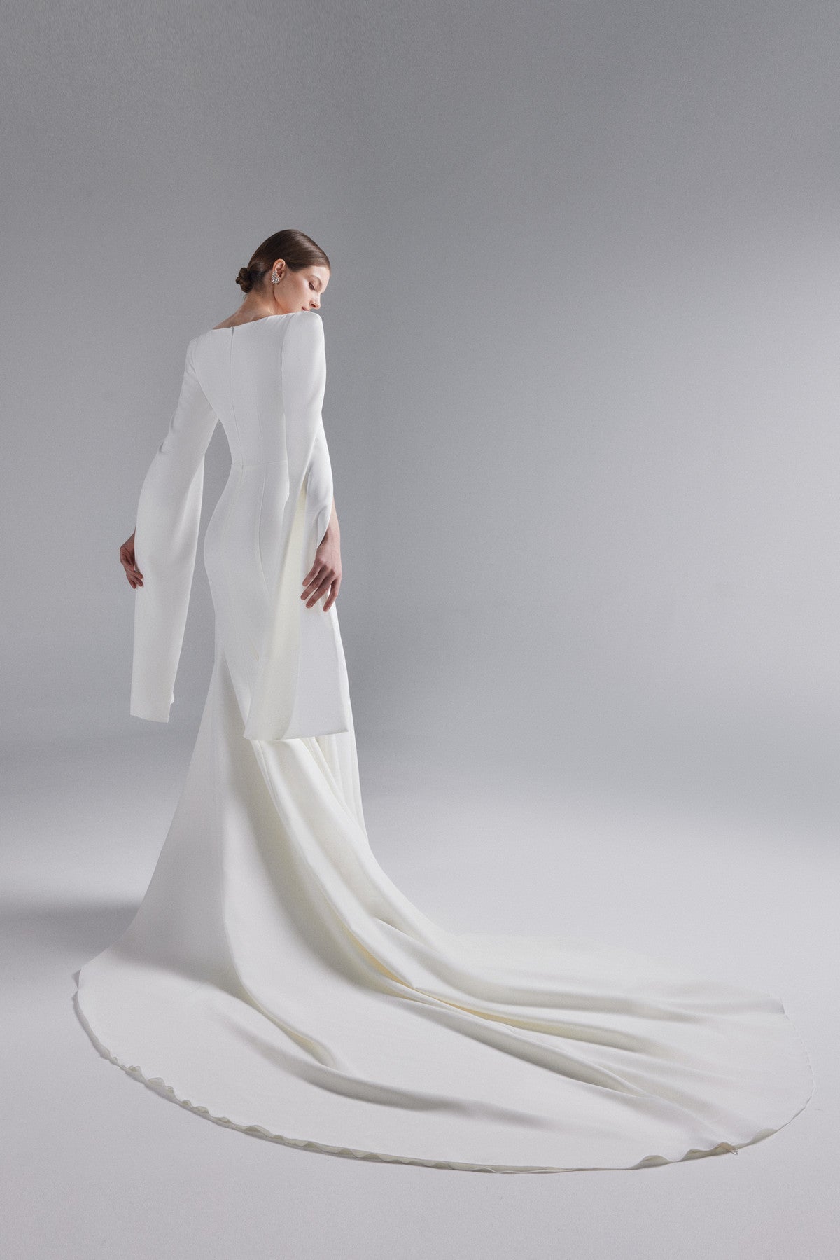 Crepe fit & flare wedding dress with long cape sleeve Ashlee-1 Ready to Ship / Ivory / 4 US (36 EU) Crepe fit & flare wedding dress with long cape sleeve Ashlee-1 Ready to Ship / Ivory / 4 US (36 EU)