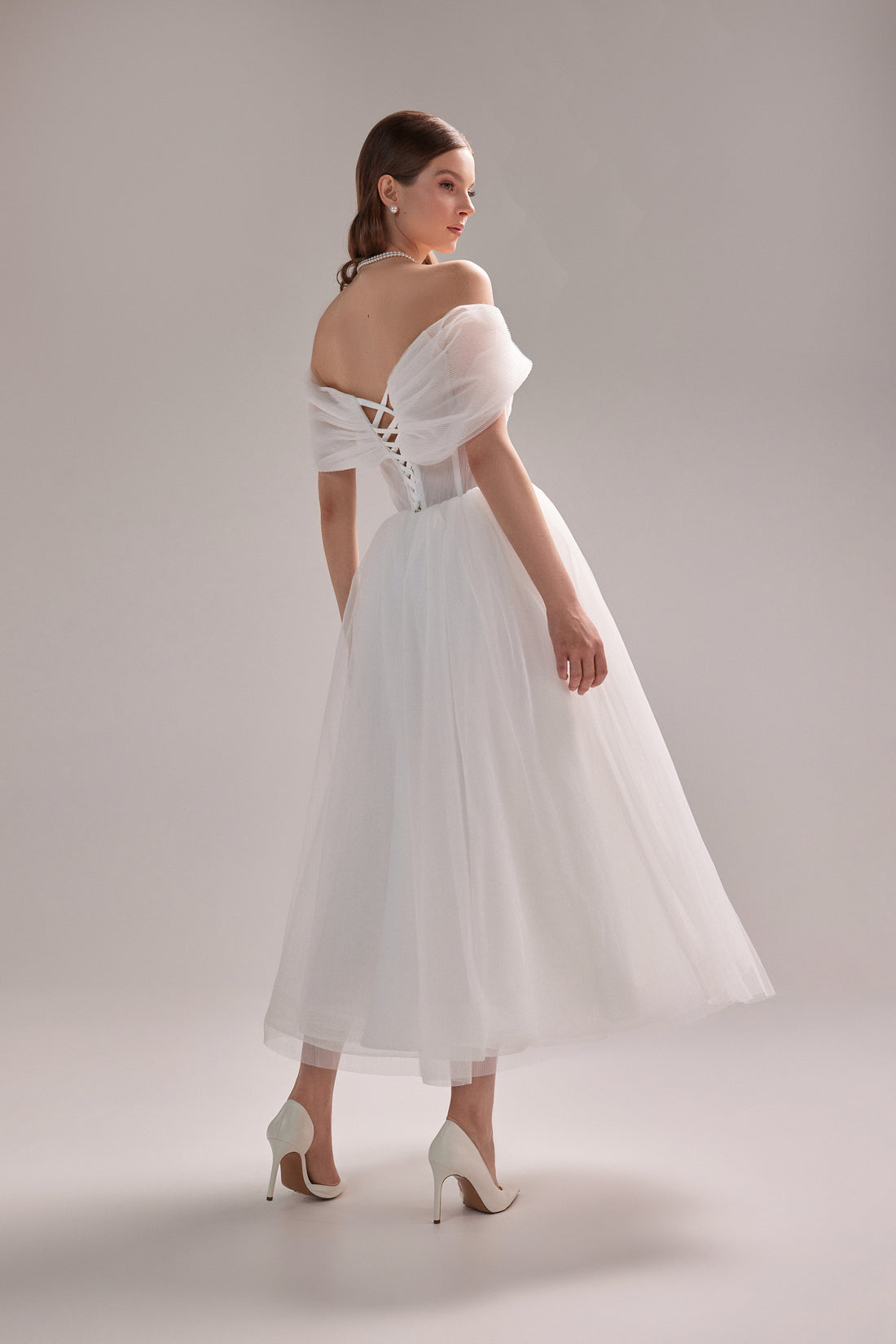 Pleated Tulle Midi Wedding Dress Peach | Corset Off-Shoulder Tutu Gown