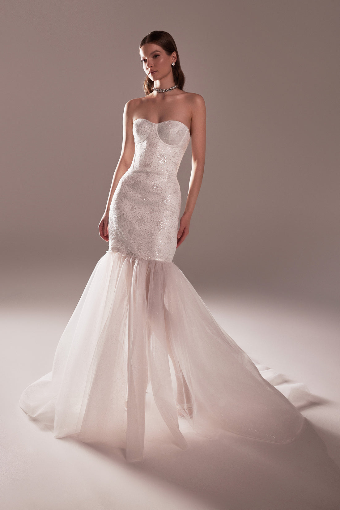 Mermaid Corset Wedding Dress Harmonie with Lace Bodice & Glitter Tulle Skirt | Stapless Wedding Gown