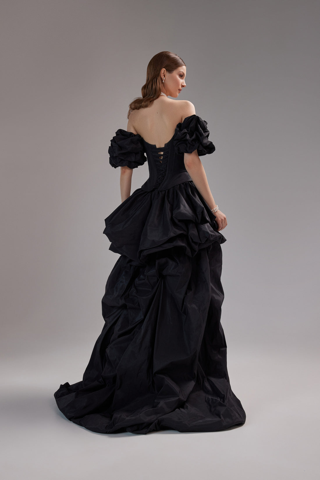 Two Piece Taffeta Black Wedding Dress Amber with Bubble Hem High-Low Skirt