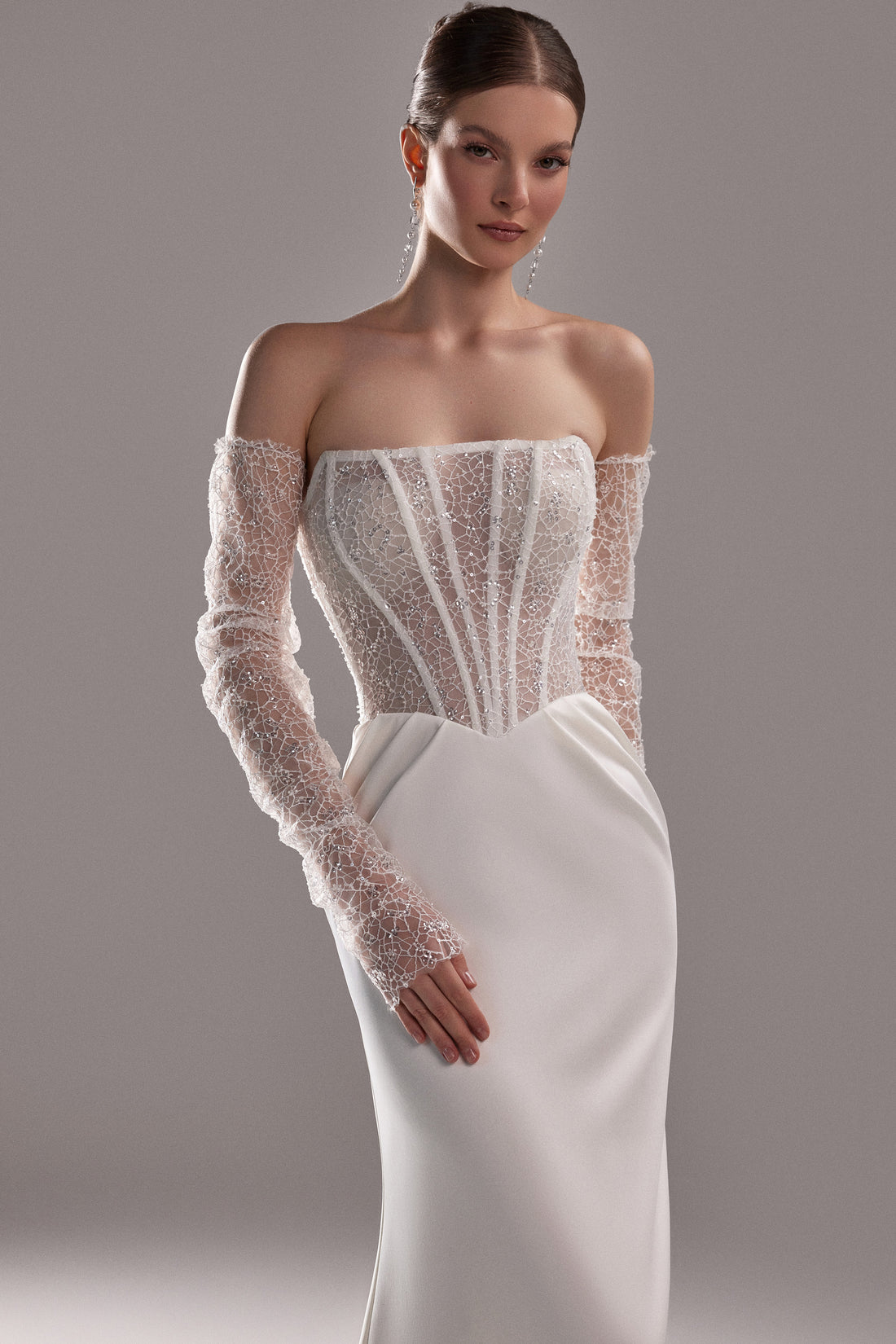 Sheath Lace Corset Wedding Dress Esme with Sheath Satin Skirt and Removable Sleeves