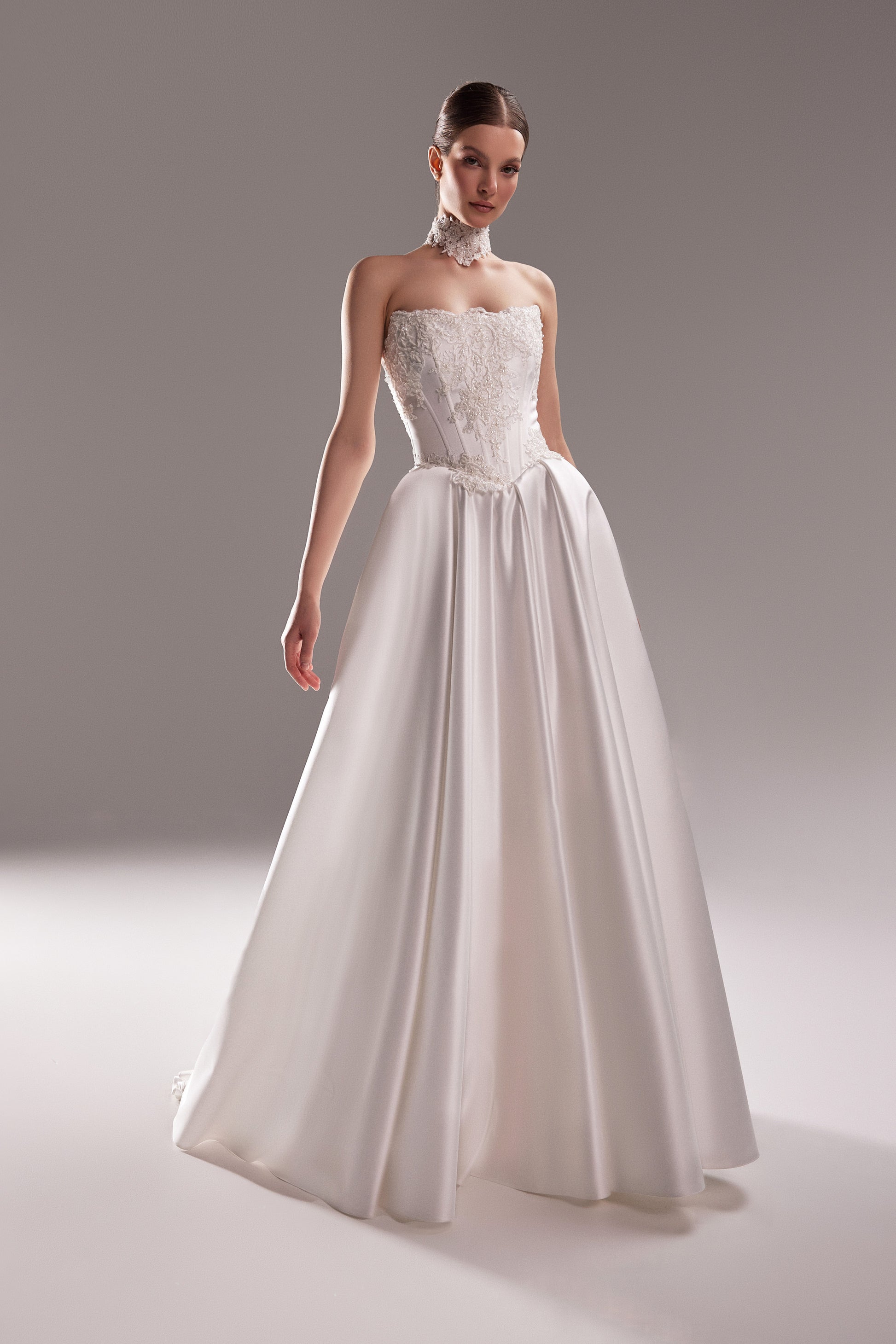 Satin Wedding Dress Demna with Embroidered Lace Corset | A-Line Strapless Bridal Gown 0 US (32 EU) / Ivory Satin Wedding Dress Demna with Embroidered Lace Corset | A-Line Strapless Bridal Gown 0 US (32 EU) / Ivory
