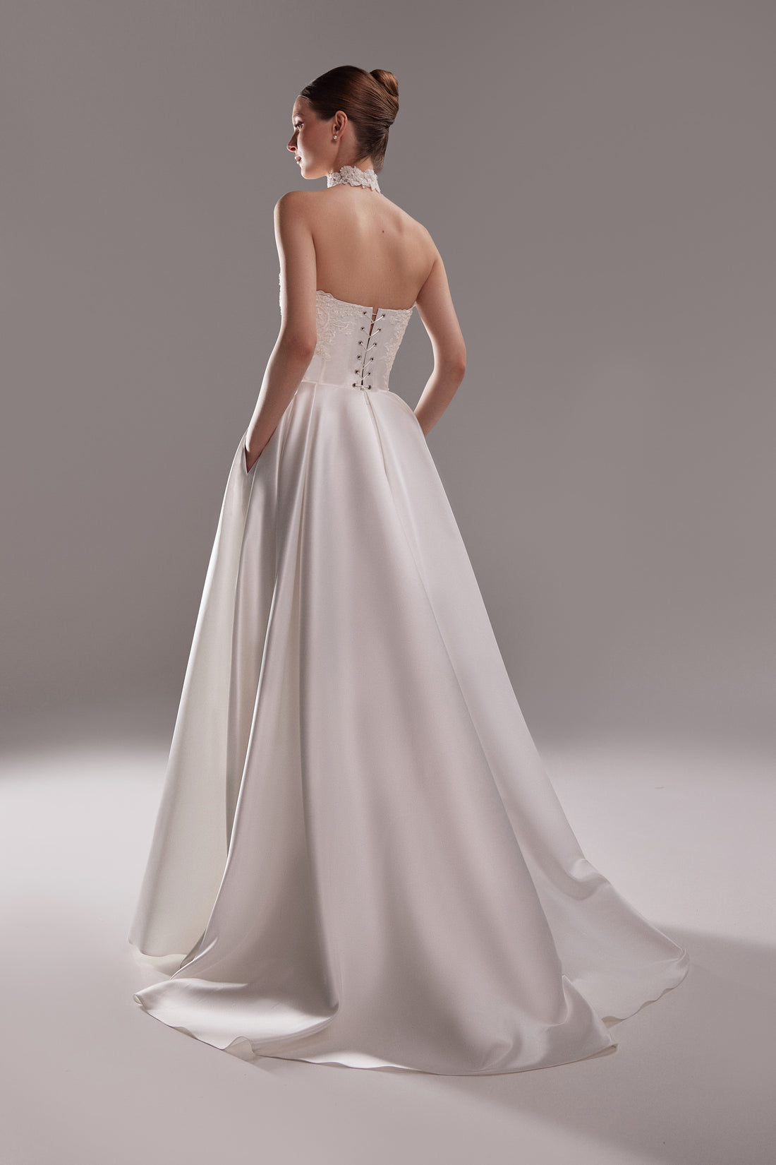 Satin Wedding Dress Demna with Embroidered Lace Corset | A-line Strapless Bridal Gown