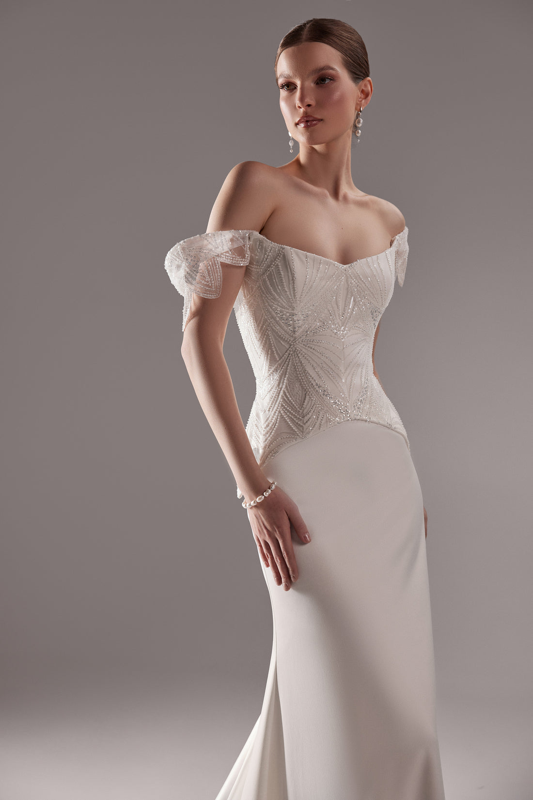 Sparkly Basque Waist Mermaid Wedding Dress, Off the Shoulder Two-Piece Bridal Gown, Beaded Drop Waist Bride Dress with Train - Diva