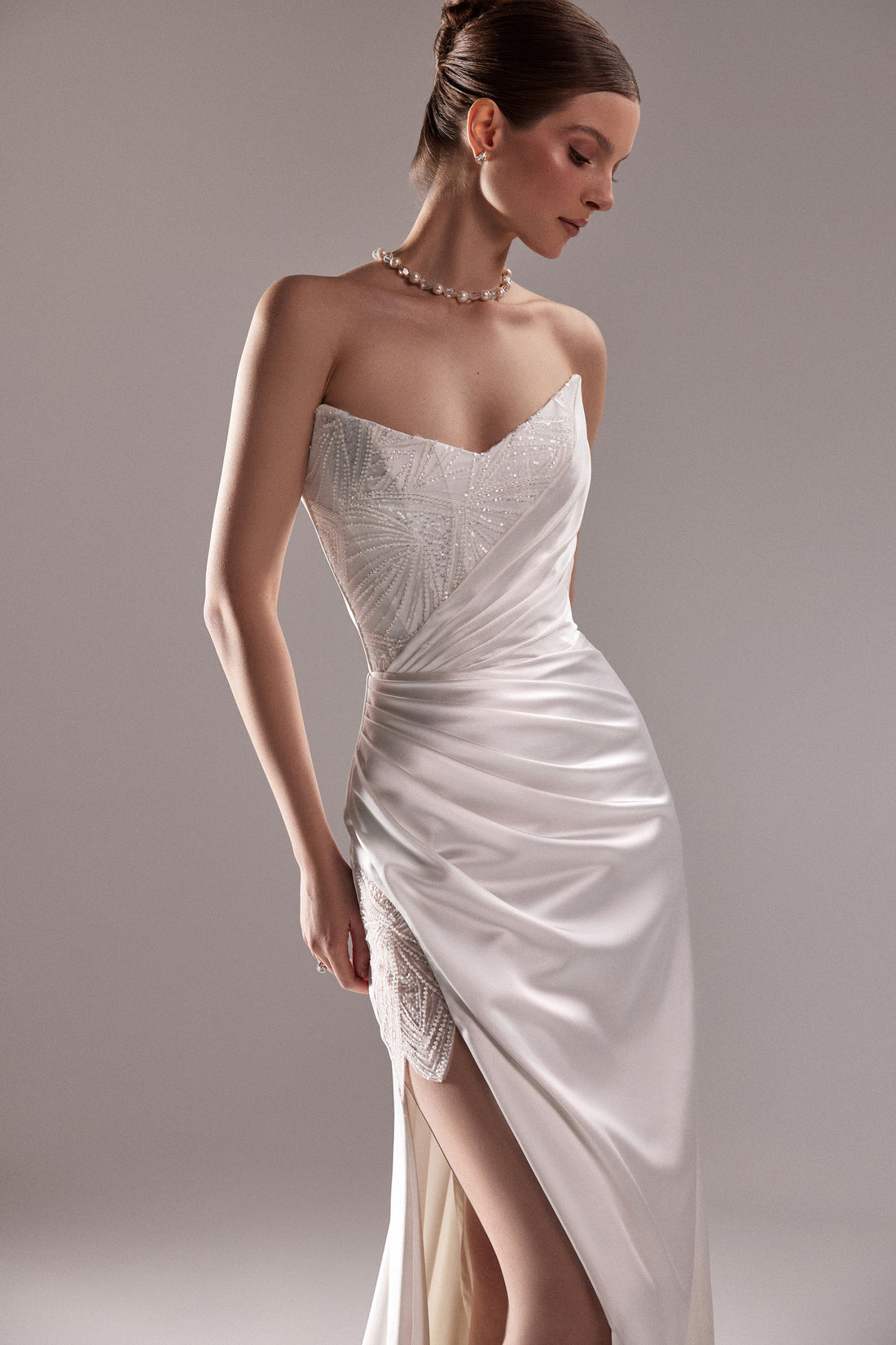 Lace & Satin Sheath Corset Wedding Dress with Lace-Up Back