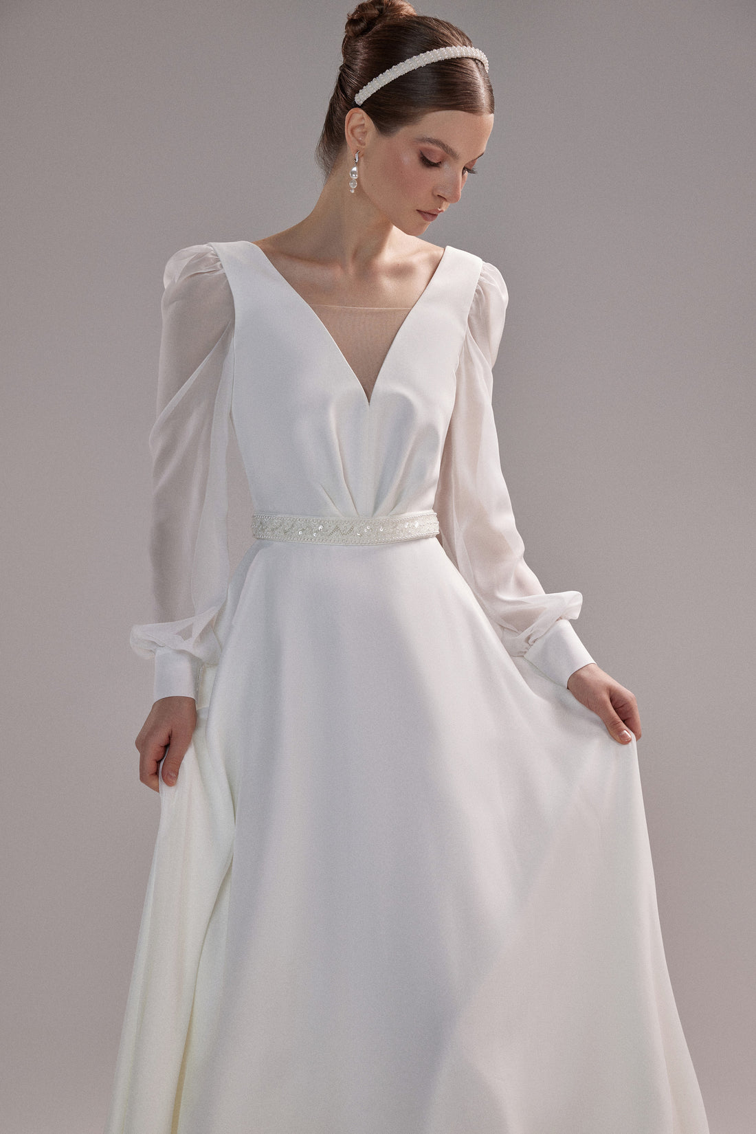 A-Line Chiffon Wedding Dress with Long Bishop Sleeves, Open Back & Embroidered Waistband | Modest Civil Wedding Dress