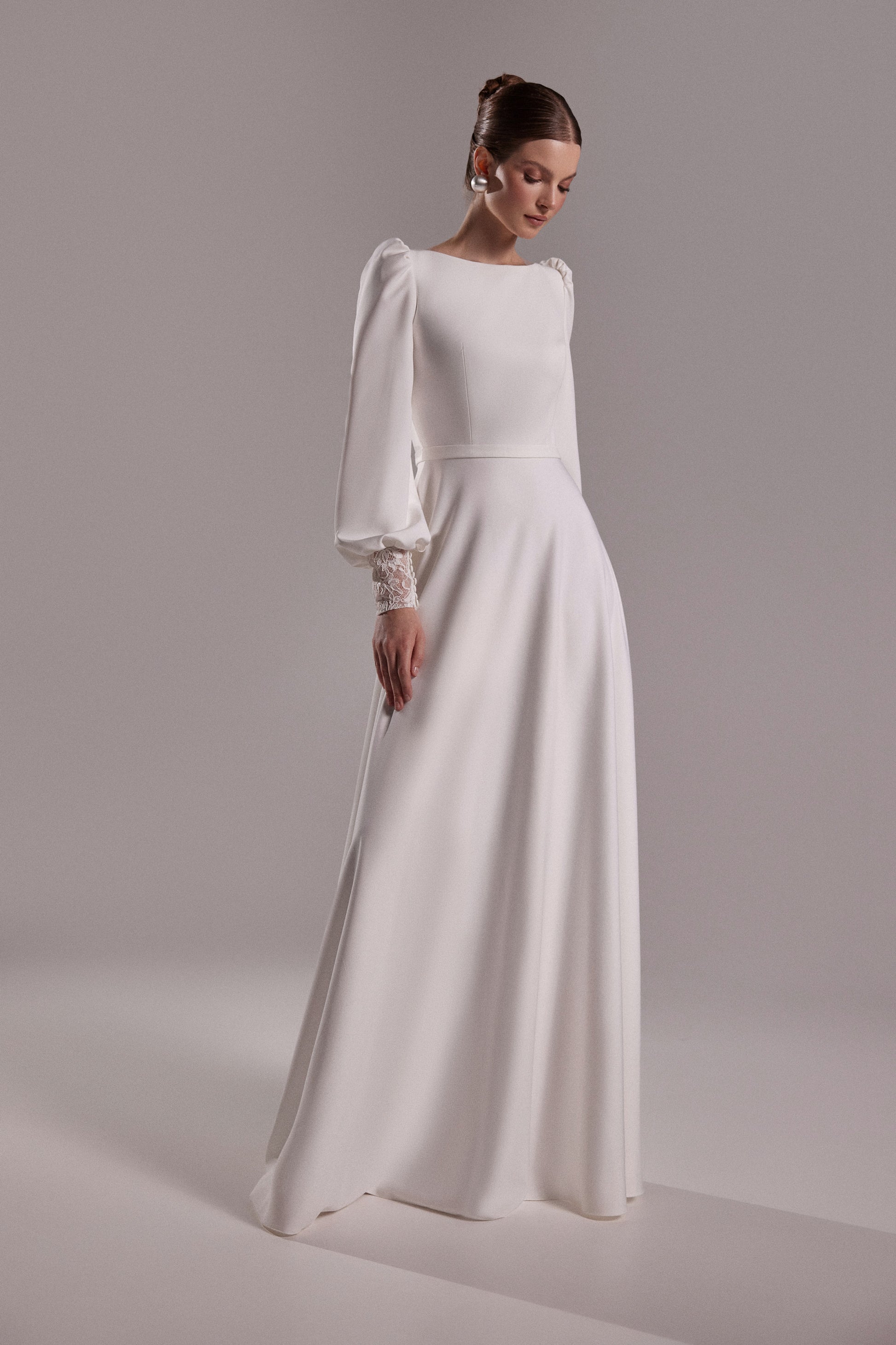 Modest Crepe A-Line Wedding Dress Camalia | Boat Neck Dress with Long Bishop Sleeves 18 US (50 EU) / Ivory Modest Crepe A-Line Wedding Dress Camalia | Boat Neck Dress with Long Bishop Sleeves 18 US (50 EU) / Ivory