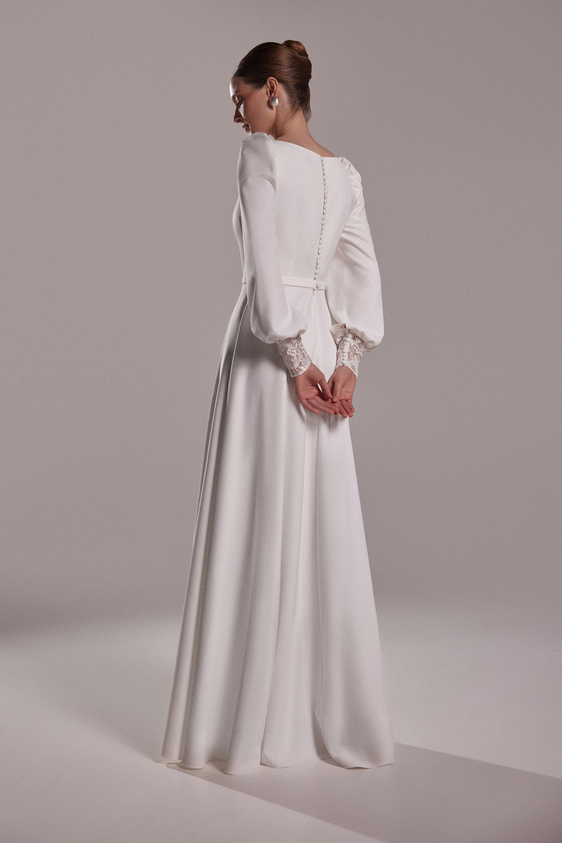Modest Crepe A-line Wedding Dress Camalia | Boat Neck Dress with Long Bishop Sleeves