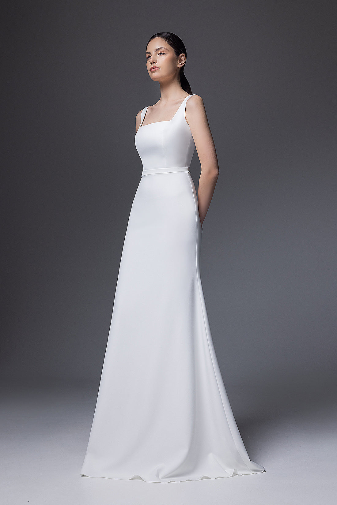 Sheath Silhouette Crepe Wedding Dress With Square Neck Bethany-1