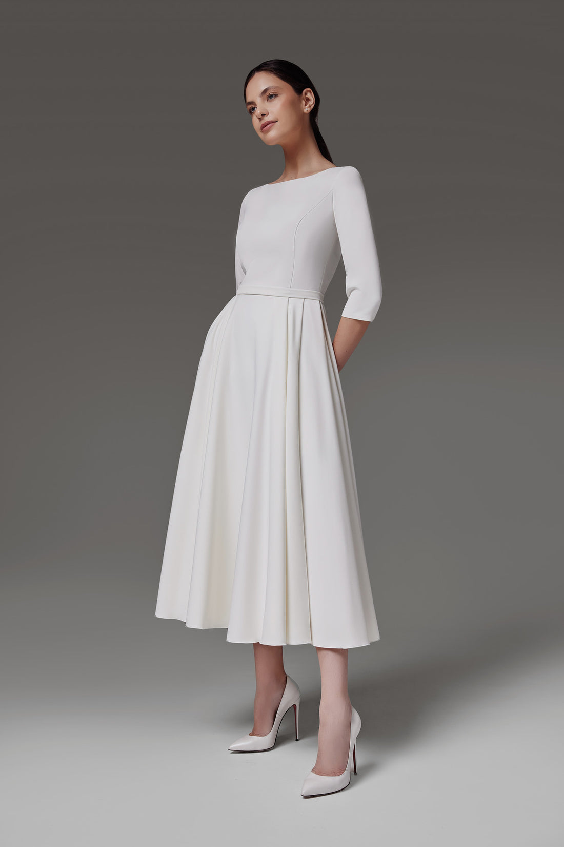 Modest Crepe Wedding dress With Three Quarter Sleeves Adri midi