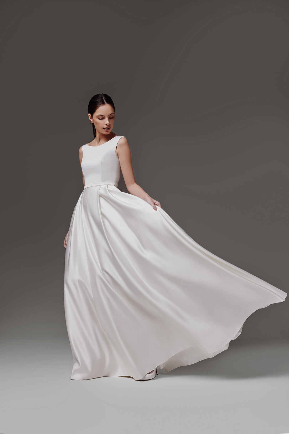 Long Satin Bridal Gown With Classy Boat Neck Brianna