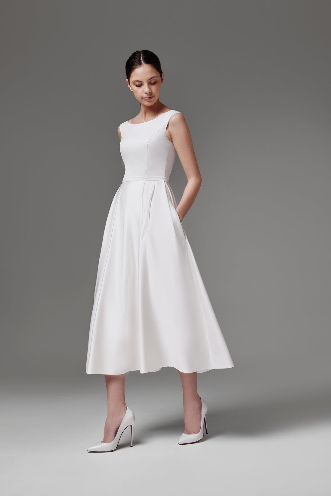 Midi Satin Wedding Dress With Boat Neck Brianna midi