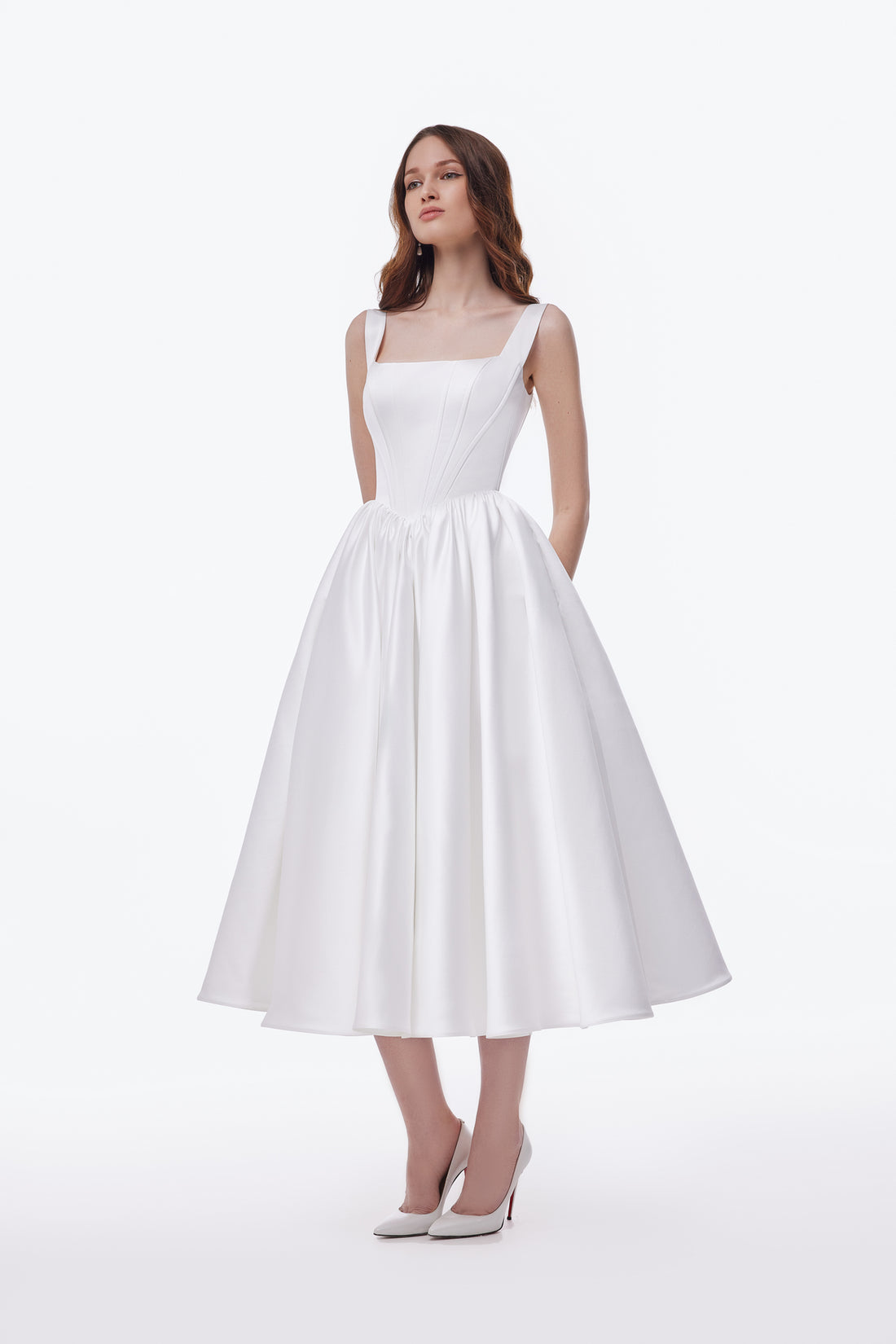 Tea Length Satin Wedding Dress With Basque Waist Casia Midi