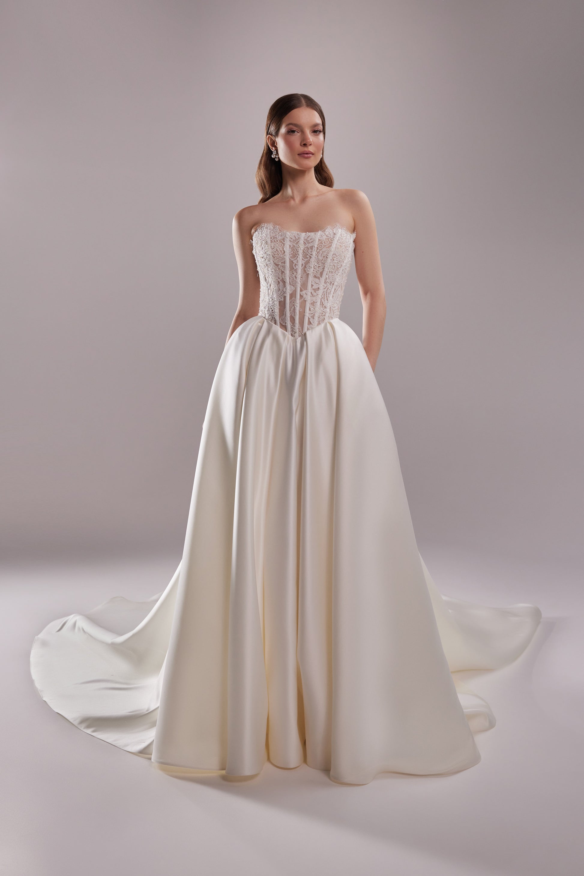 Satin & Lace Wedding Dress Evelyn with Cathedral Train | Ball Gown Classy Wedding Dress Custom (Plus Size) / Ivory Satin & Lace Wedding Dress Evelyn with Cathedral Train | Ball Gown Classy Wedding Dress Custom (Plus Size) / Ivory