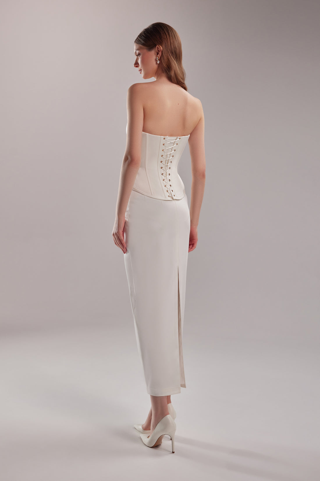 Satin Sheath Bridal Skirt with Strapless Corset | White Midi Wedding Dress Mira