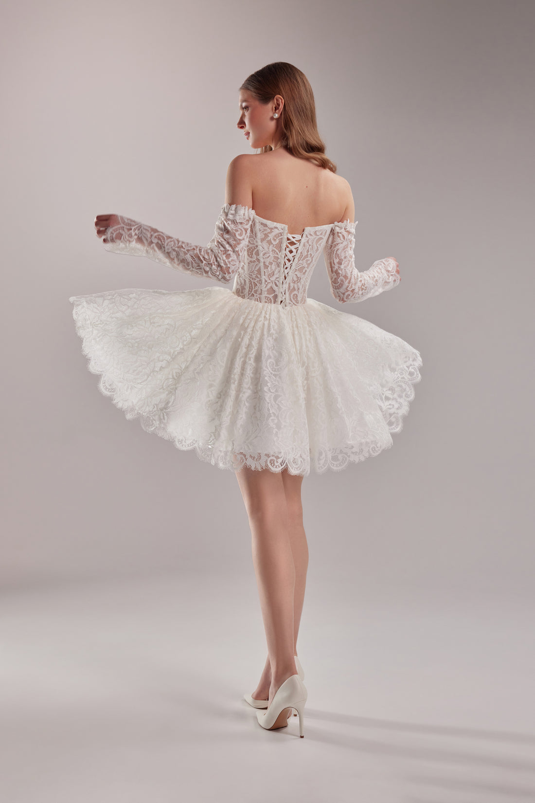 White Lace Mini Wedding Dress Eden with Laced-Up Back and Long Sleeves