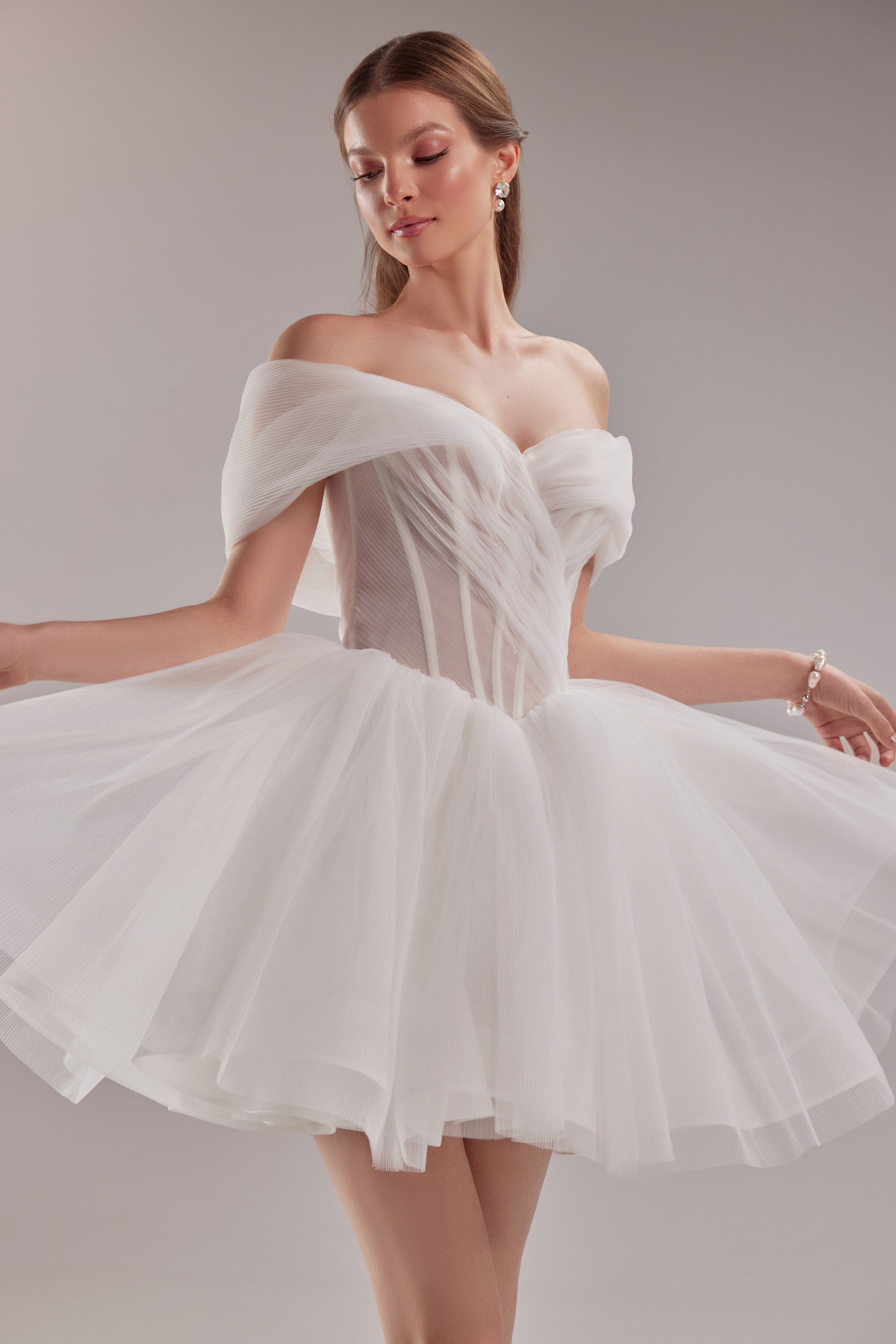 off shoulder tulle skirt mini dress in ivory Lace & Beads Petite off the shoulder tulle mini dress in ivory