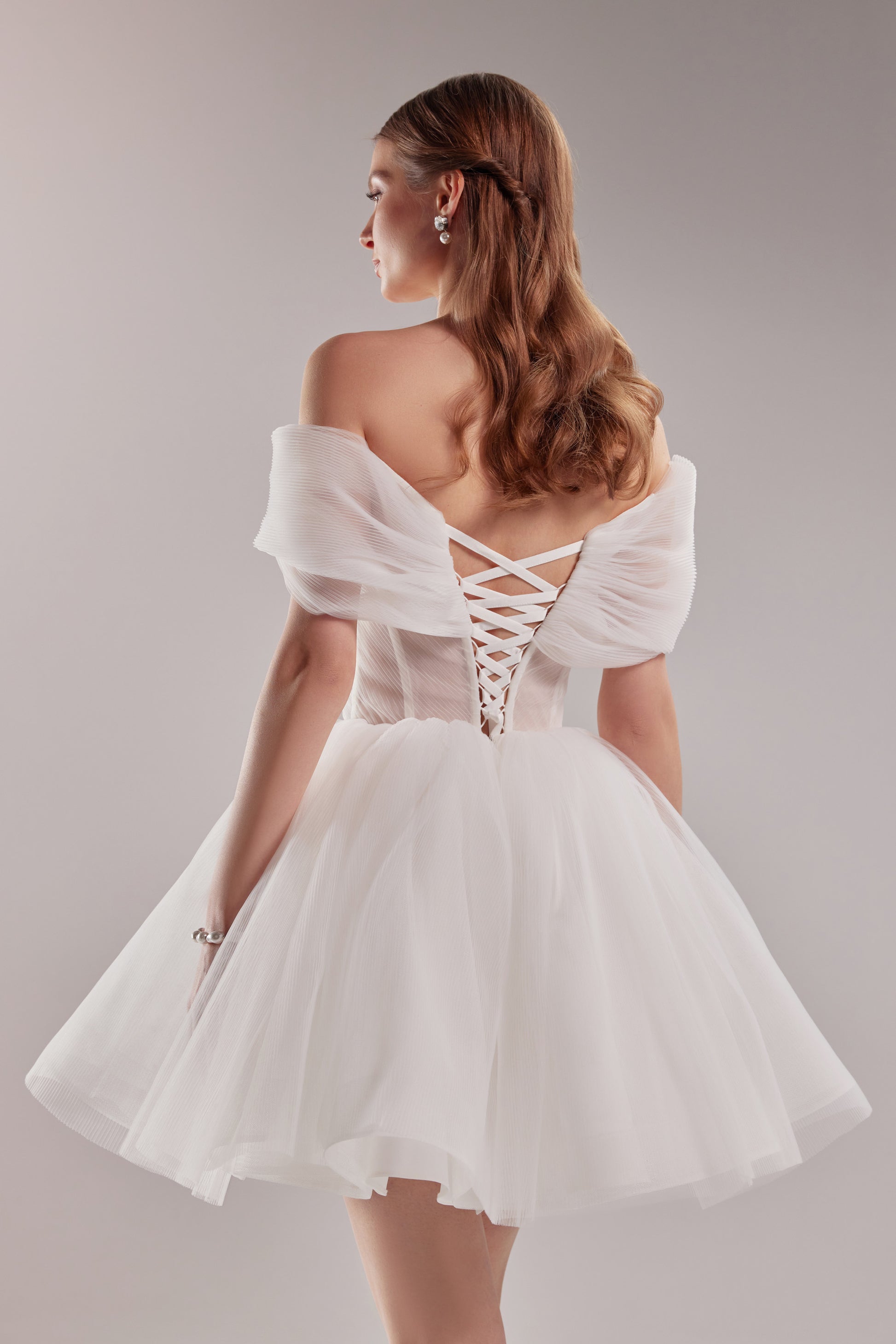 Pleated Tulle Bridal Mini Dress Peach | Corset Off-Shoulder Tutu Civil Wedding Dress 16 US (48 EU) / Ivory Pleated Tulle Bridal Mini Dress Peach | Corset Off-Shoulder Tutu Civil Wedding Dress 16 US (48 EU) / Ivory