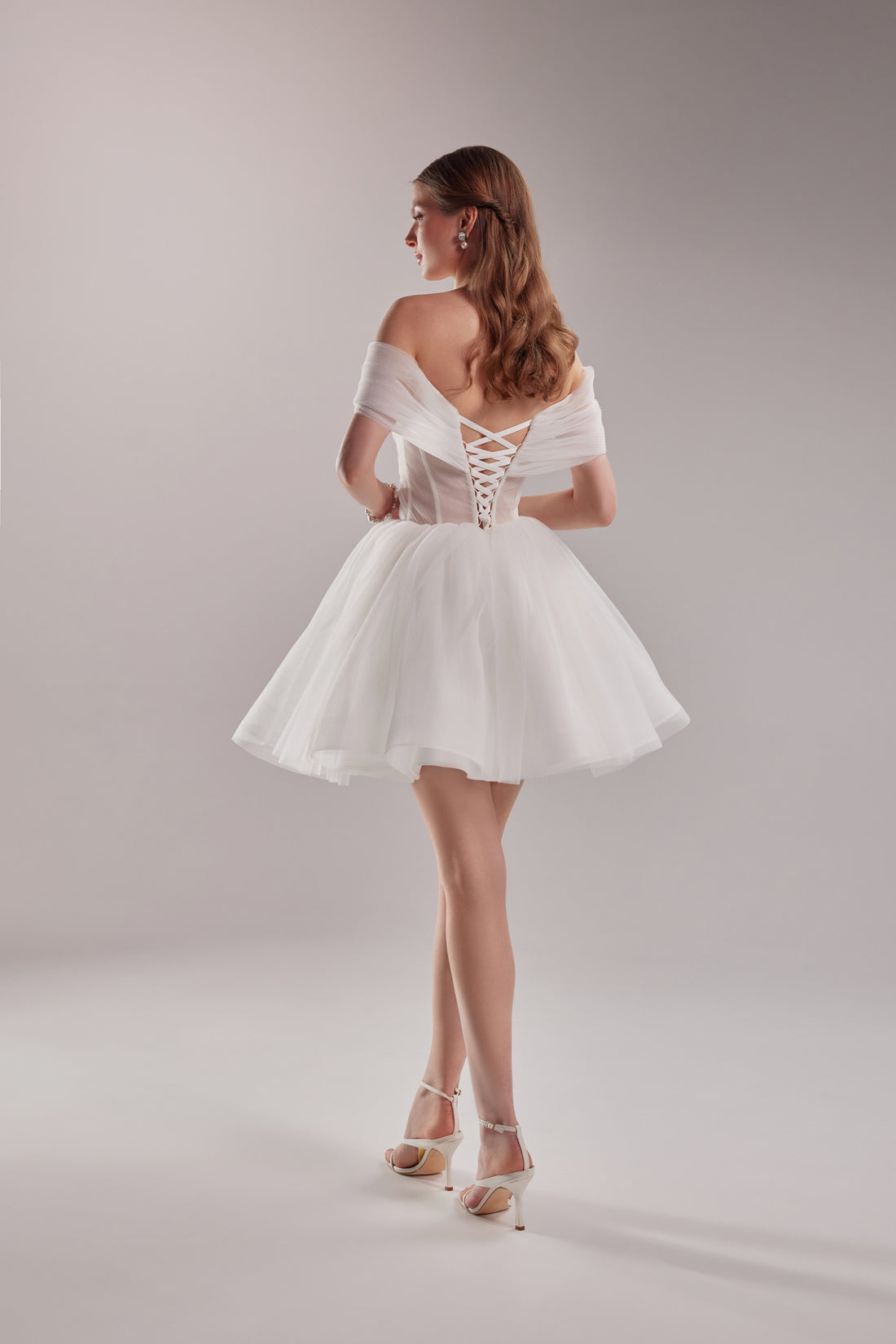 Pleated Tulle Bridal Mini Dress Peach | Corset Off-shoulder Tutu Civil Wedding Dress