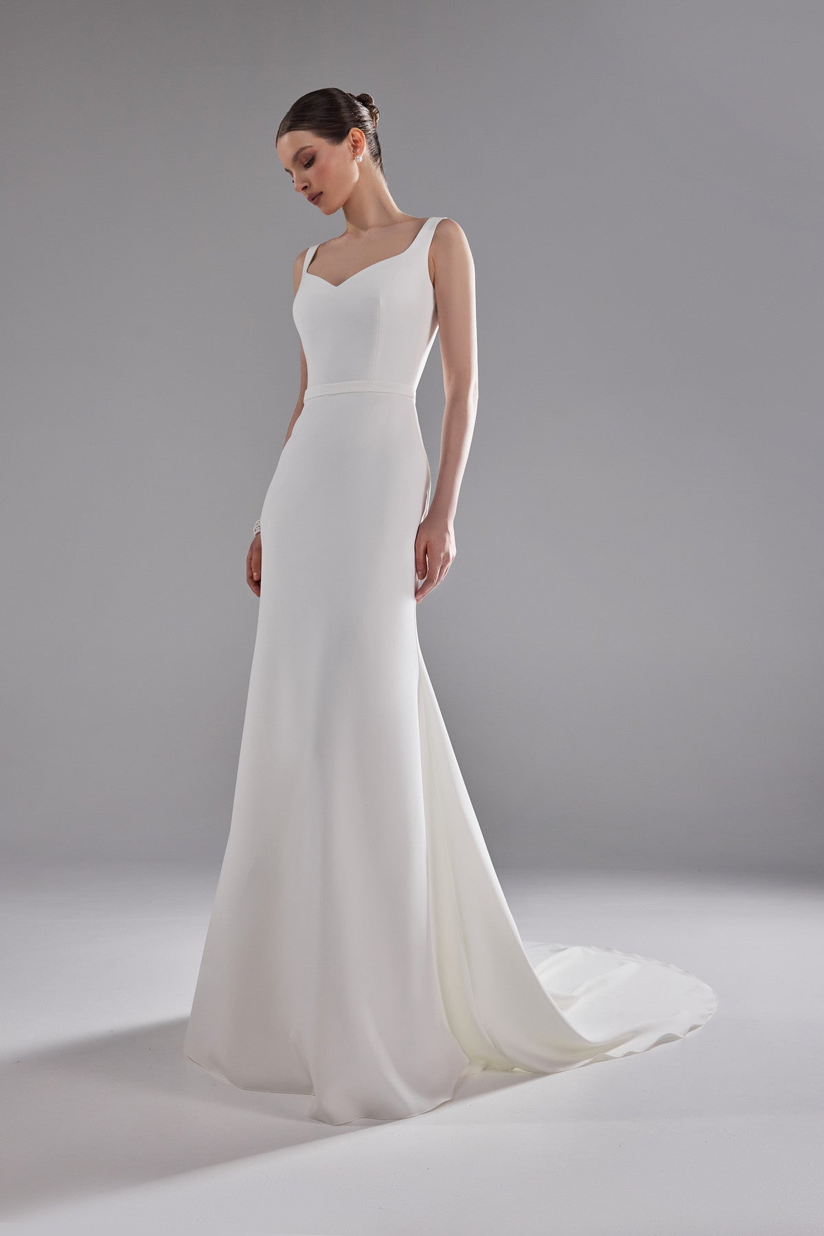 Crepe Fit & Flare Silhouette Wedding Dress With Long Train Justina Crepe Fit & Flare Silhouette Wedding Dress With Long Train Justina