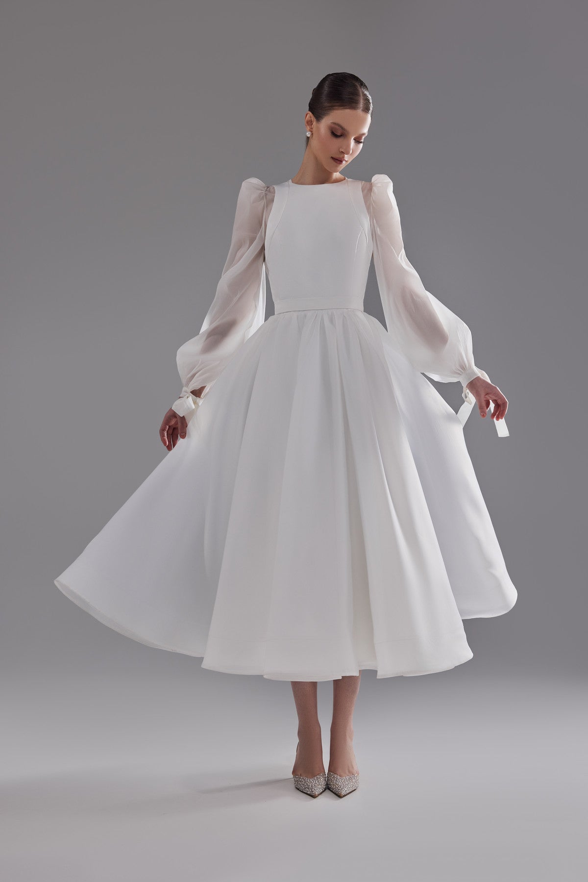 Midi A-line Wedding Dress Filici With Long Sleeve Blouse 4 US (36 EU) / Off-white