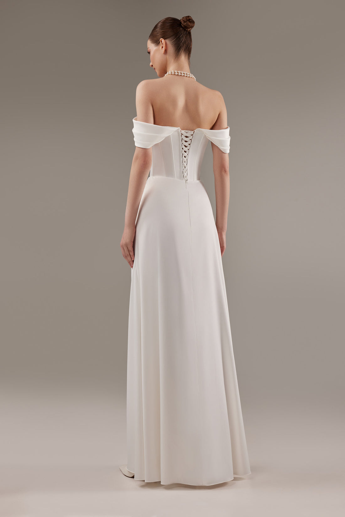Off-Shoulder White Satin Wedding Dress Riley with Corset Bodice & Front Slit