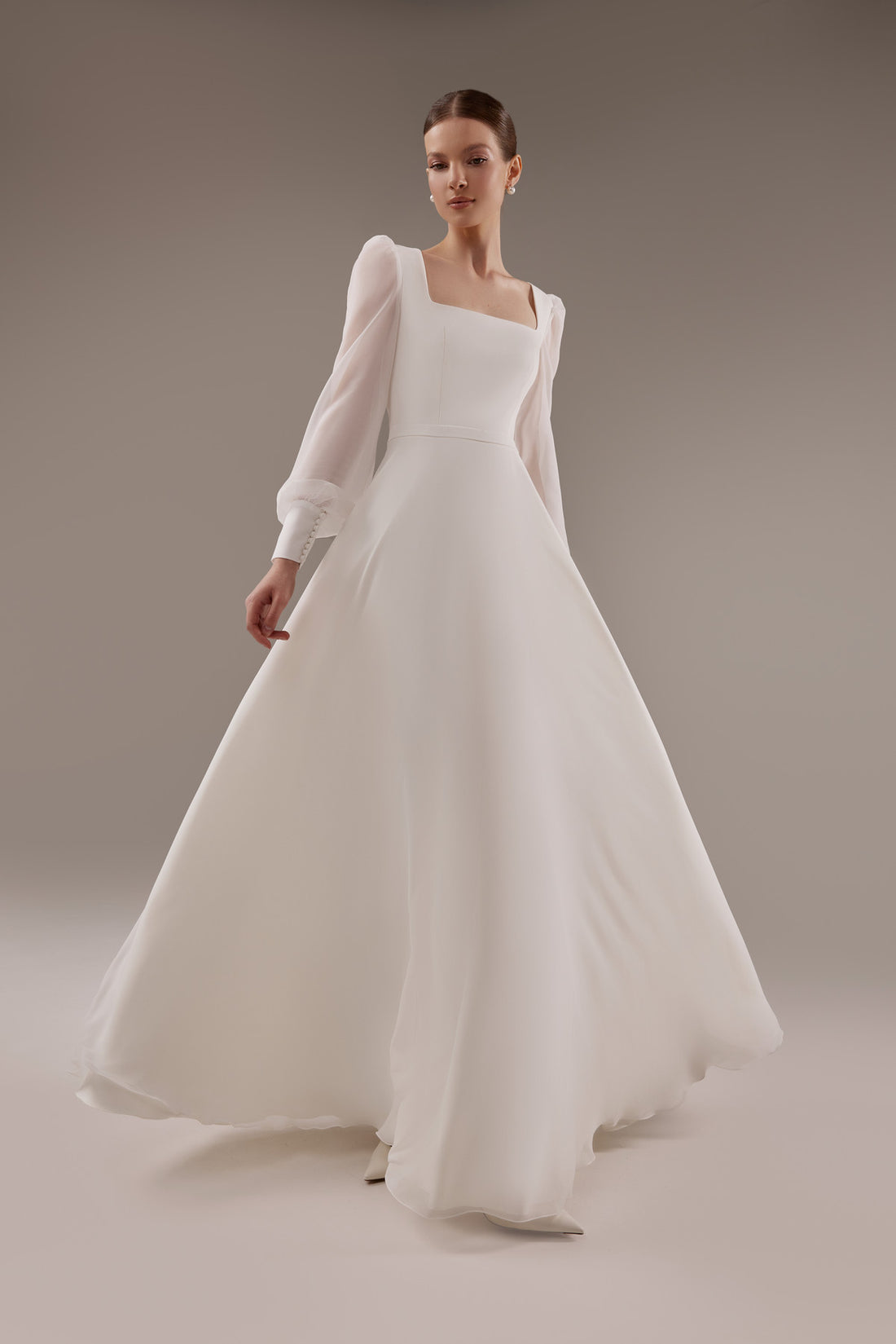 Modest A-line Square Neck Wedding Dress Edita with Long Chiffon Sleeves