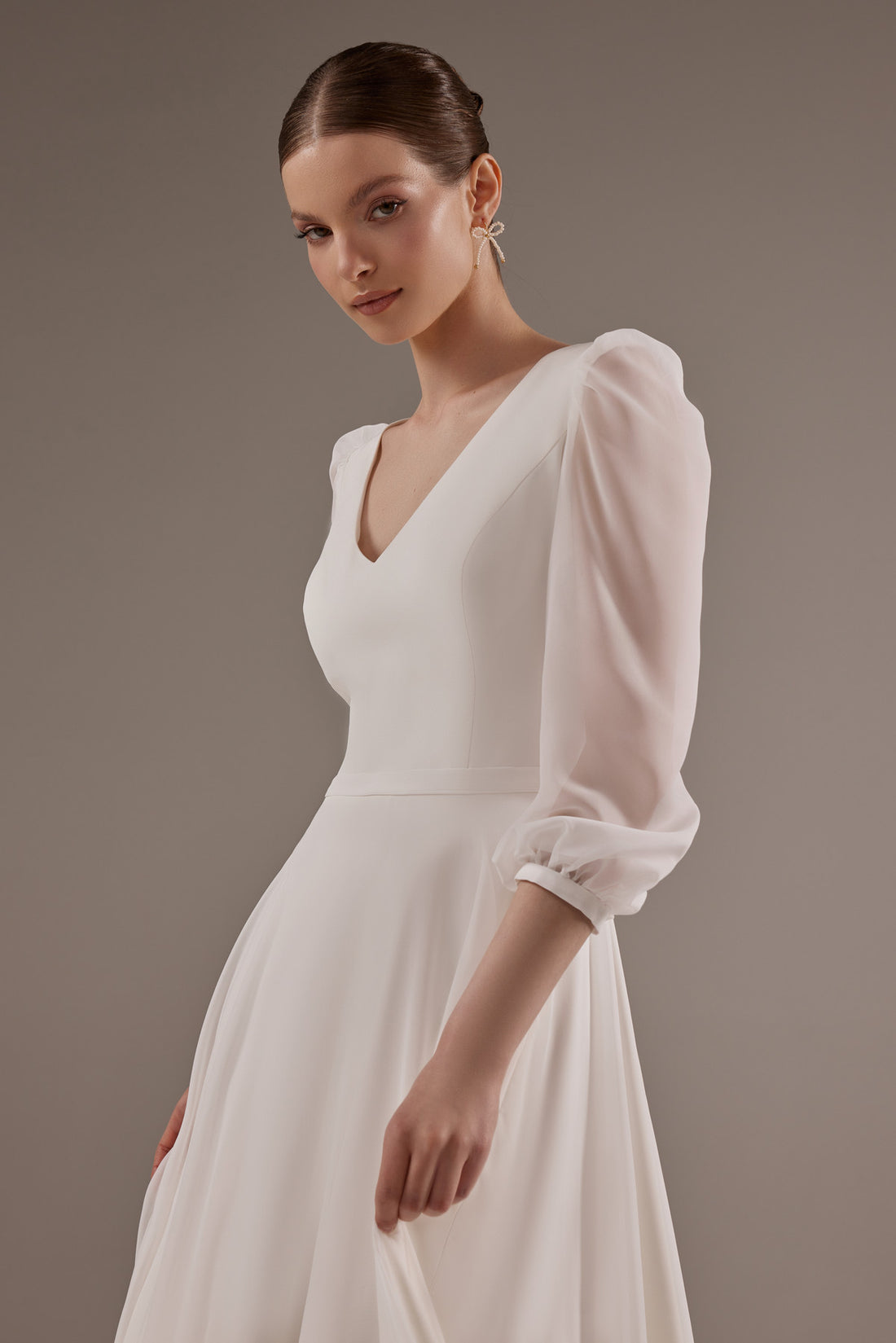 Modest A-line Midi Wedding Dress Valerie with Chiffon Sleeves