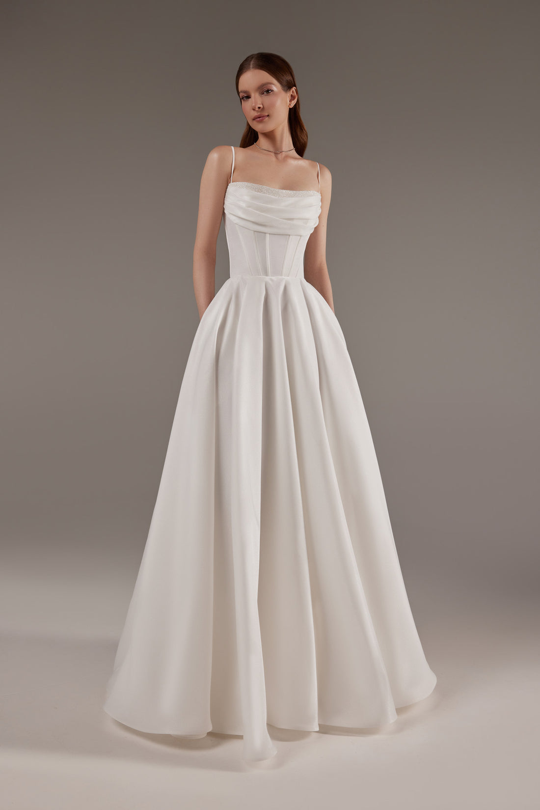 Elegant White Corset Wedding Dress with Slit Rihanna | Minimalist A-Line Bridal Gown with Draped Bodice