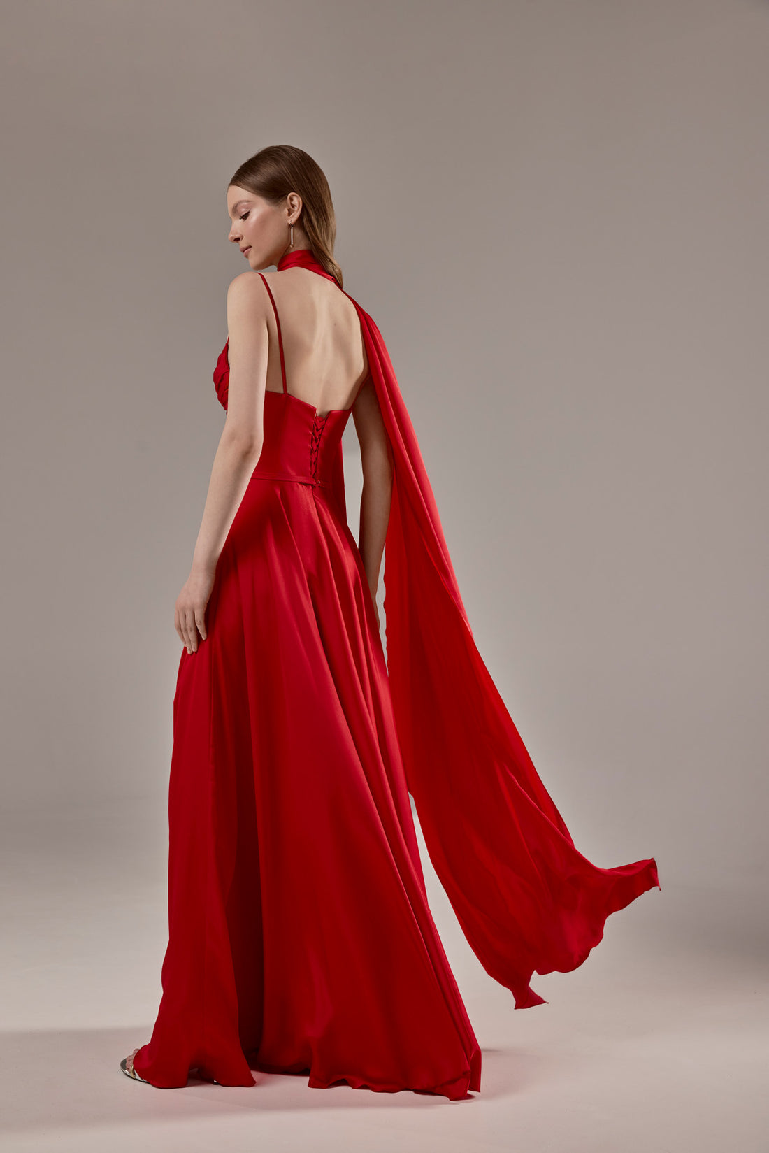 Red Silk Evening Gown Ingrid with Corset Bodice and High Slit | Elegant Formal Dress