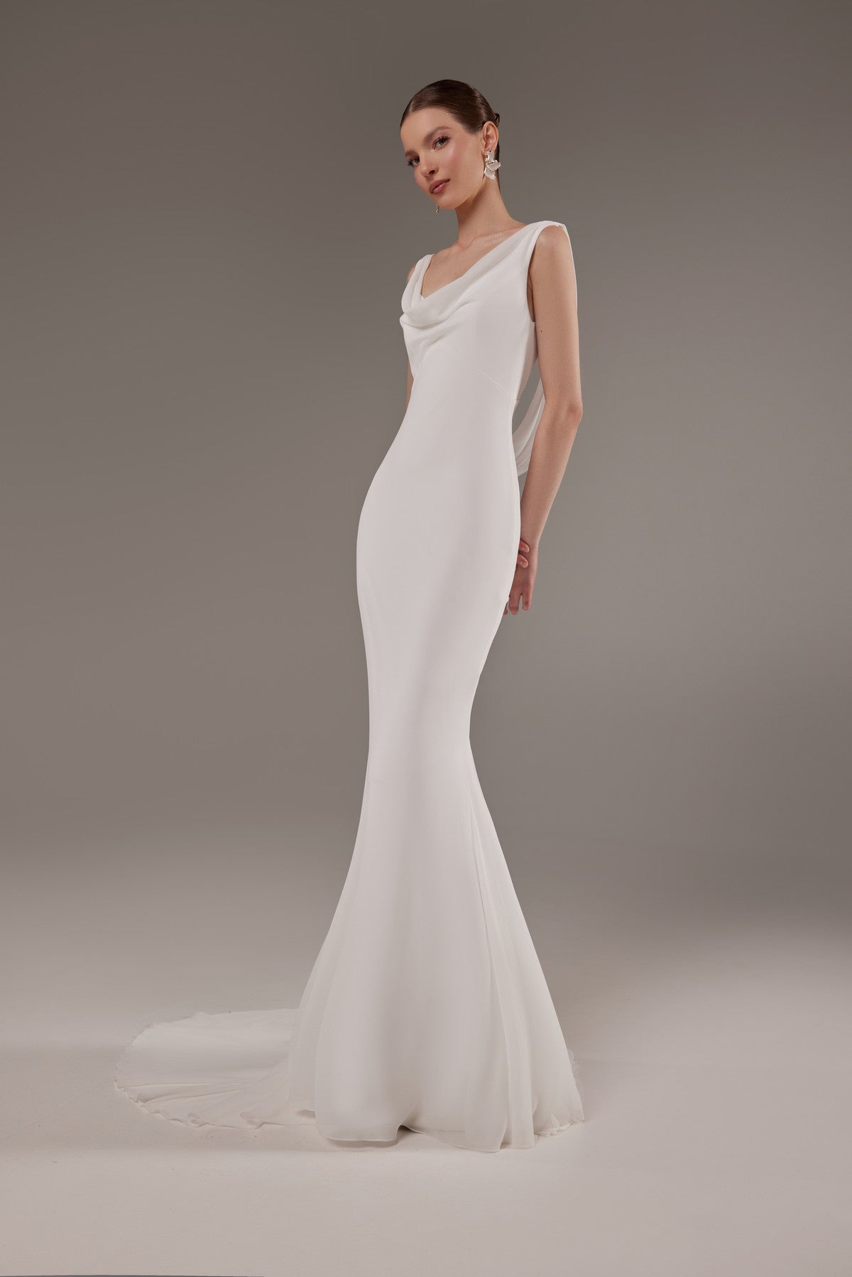 Fit & Flare Draped Cowl Neck Silk Wedding Dress Celeste Custom (0-12 US, 32-44 EU) / Off-white