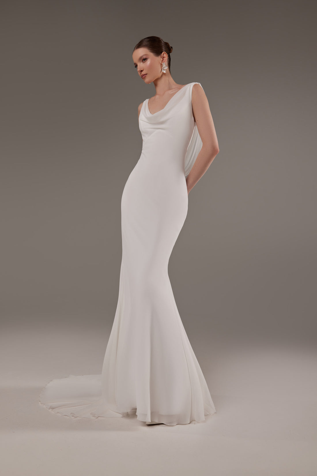 Fit & Flare Draped Cowl Neck Silk Wedding Dress Celeste