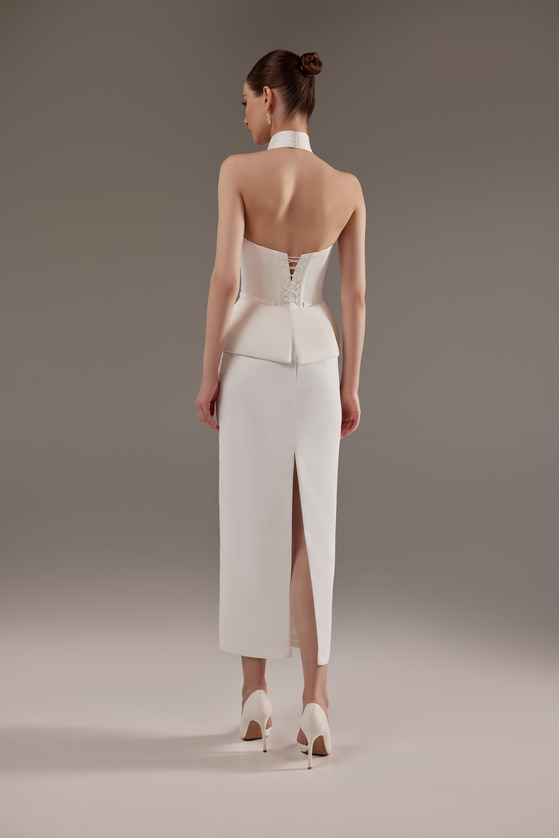 Two Piece Wedding Dress Salma | Halter Neck Peplum Corset And Satin Tea Length Skirt