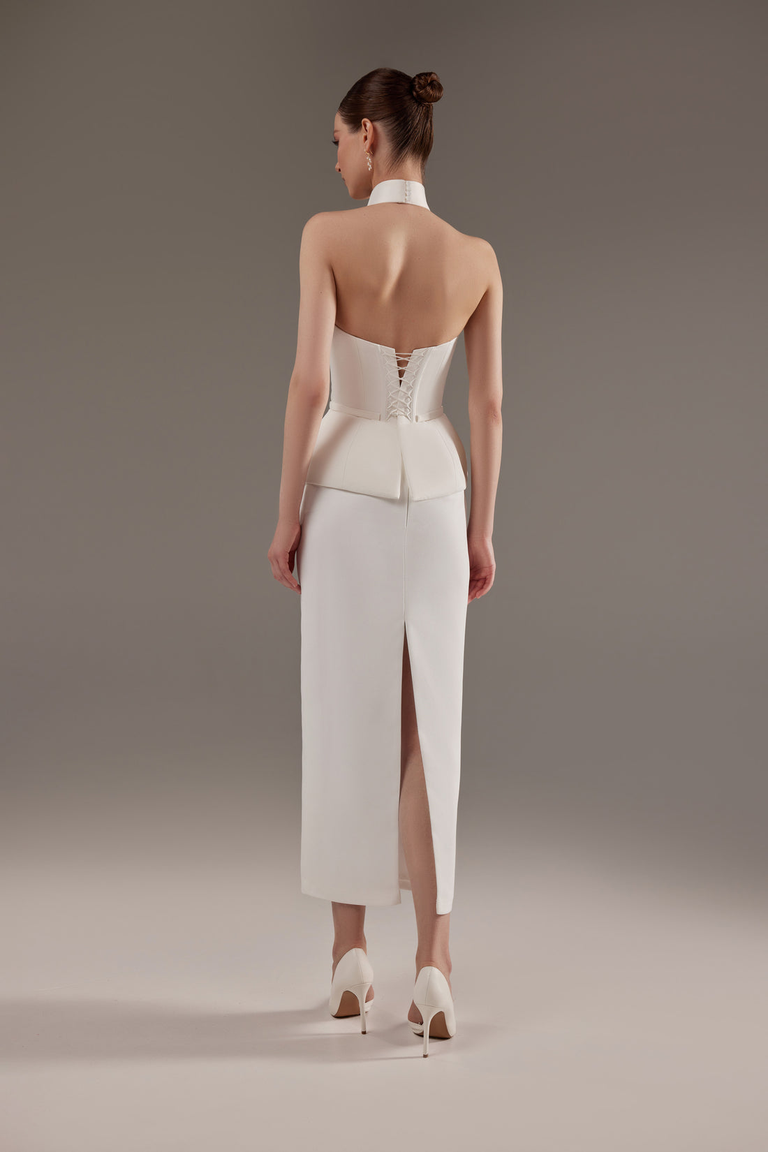 Two Piece Wedding Dress Salma | Halter Neck Peplum Corset And Satin Tea Length Skirt